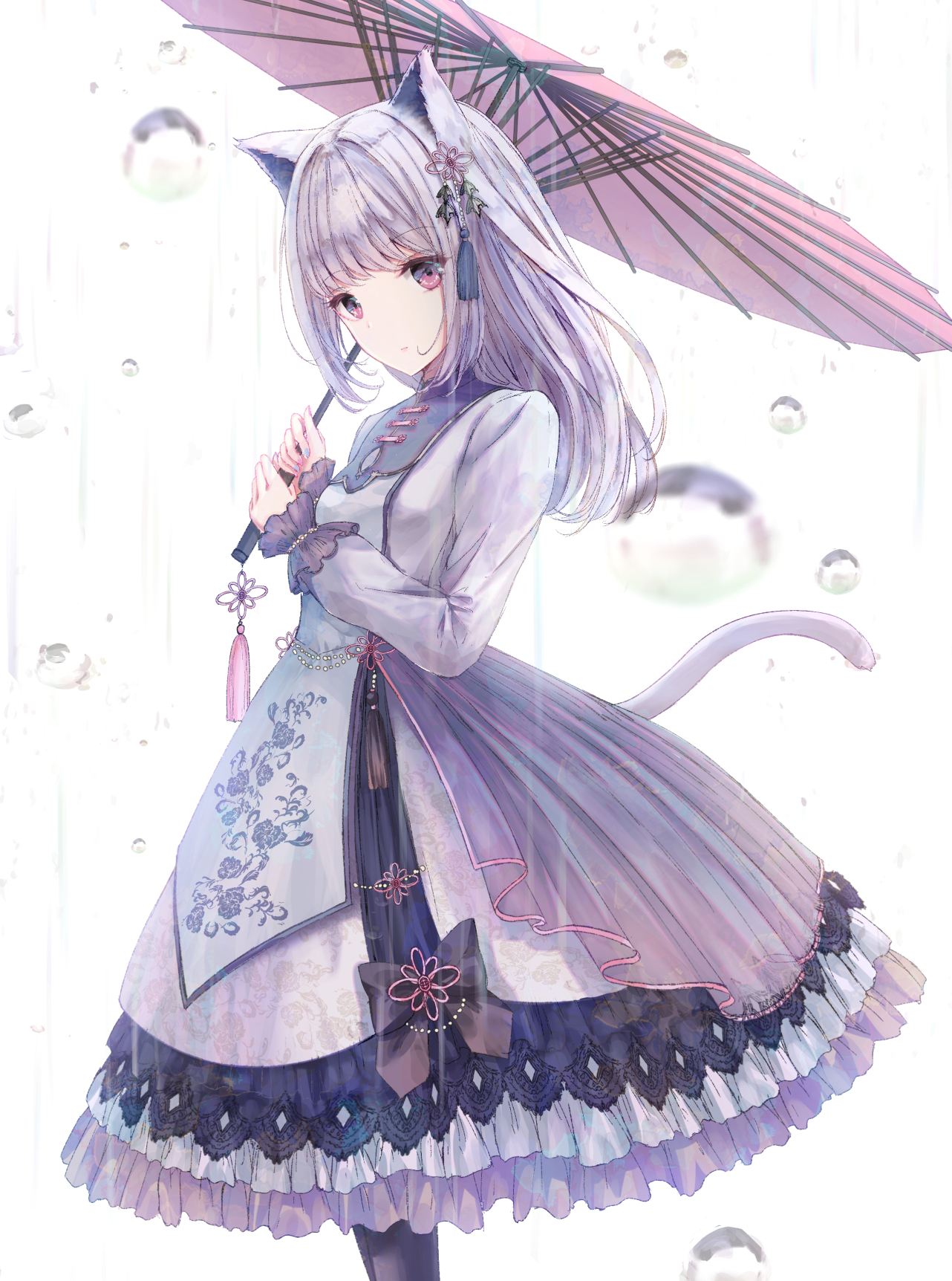 Anime 1282x1724 anime anime girls simple background original characters dress umbrella missile228 portrait display rain animal ears tail cat girl silver hair