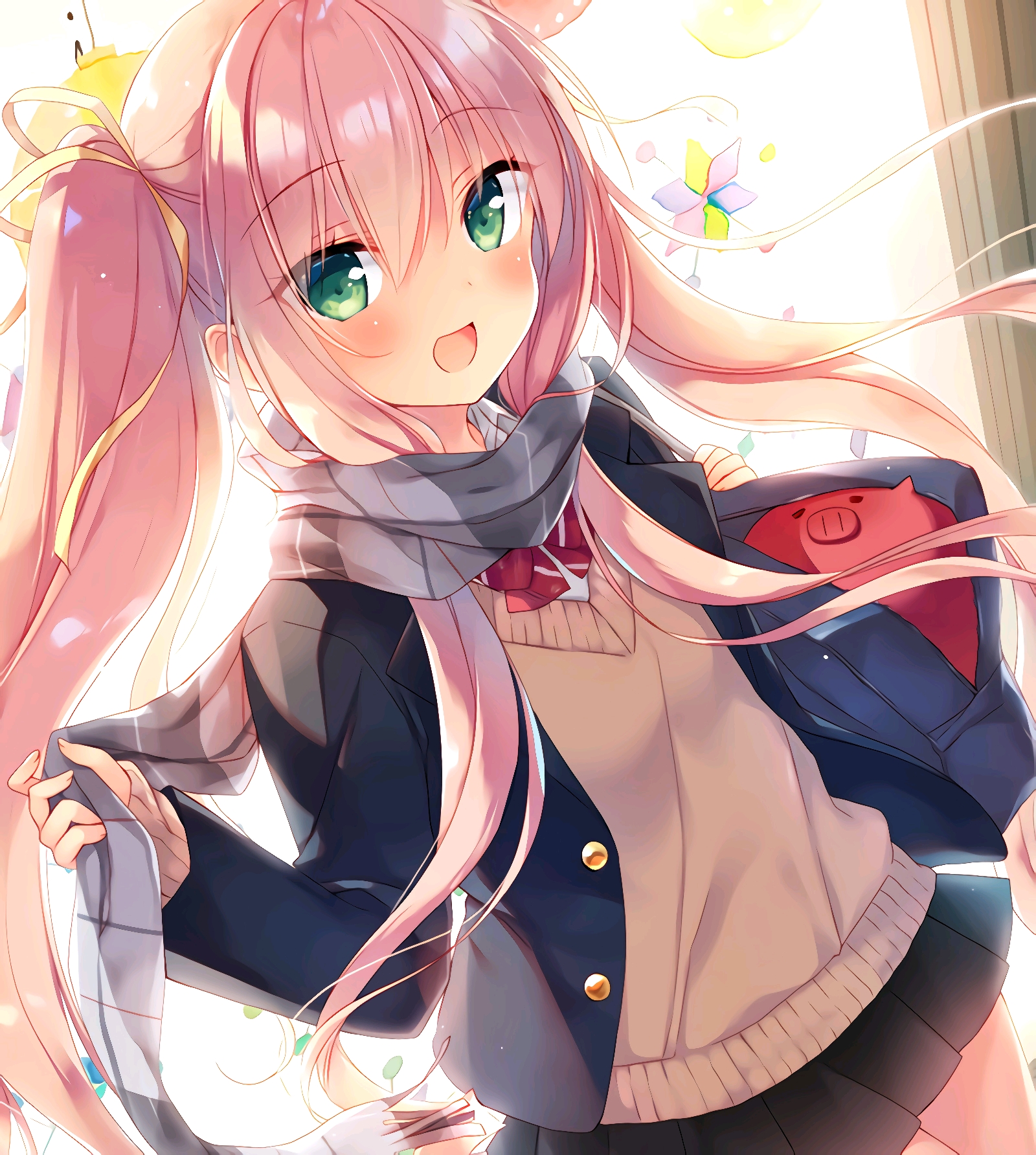 Anime 1600x1784 pink hair green eyes school uniform scarf blushing anime girls Ankkoyom