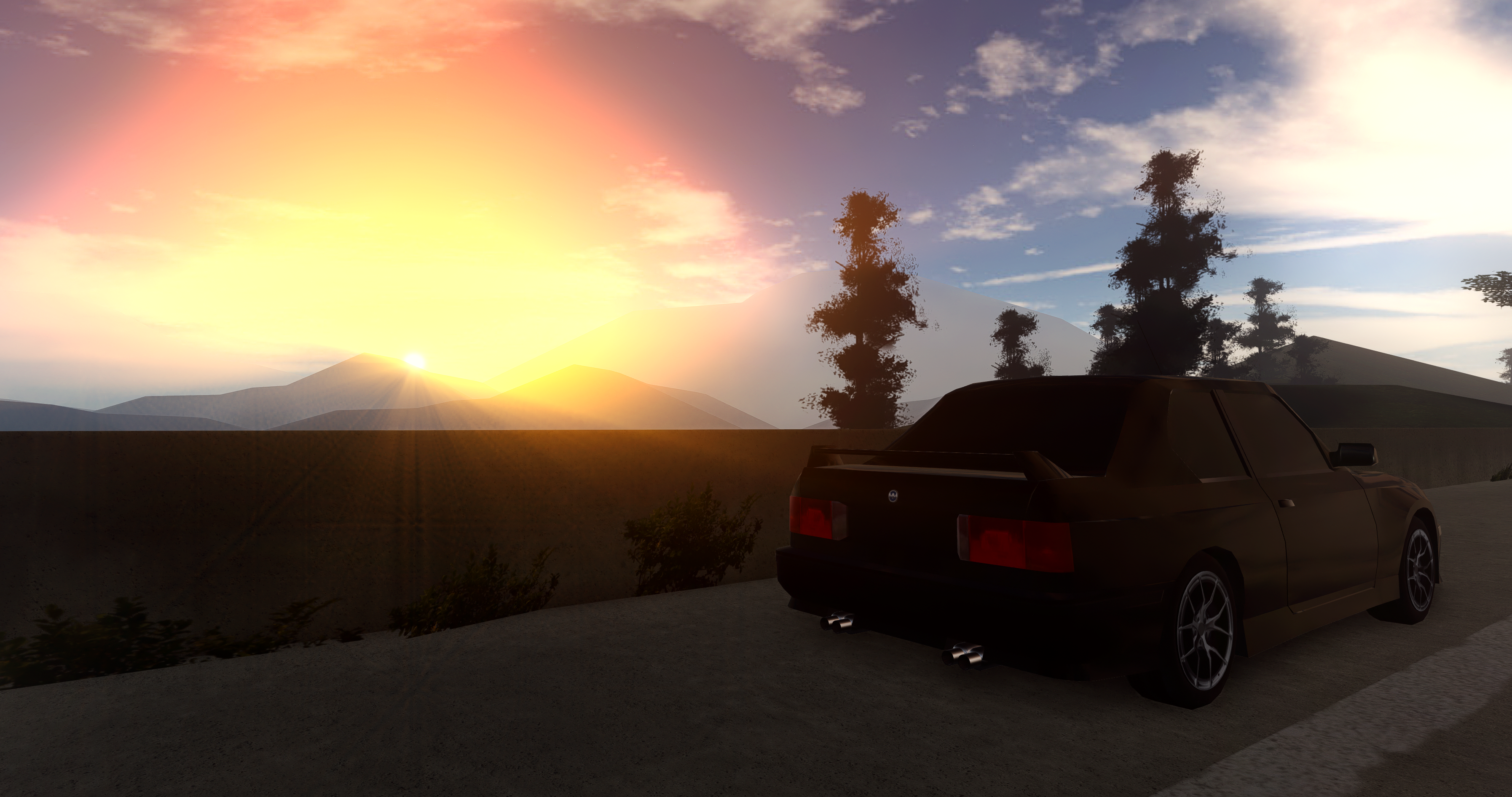 General 3588x1892 BMW E30 sunset mountains traffic barrier highway trees Roblox Pacifico (Roblox Game) clouds video games