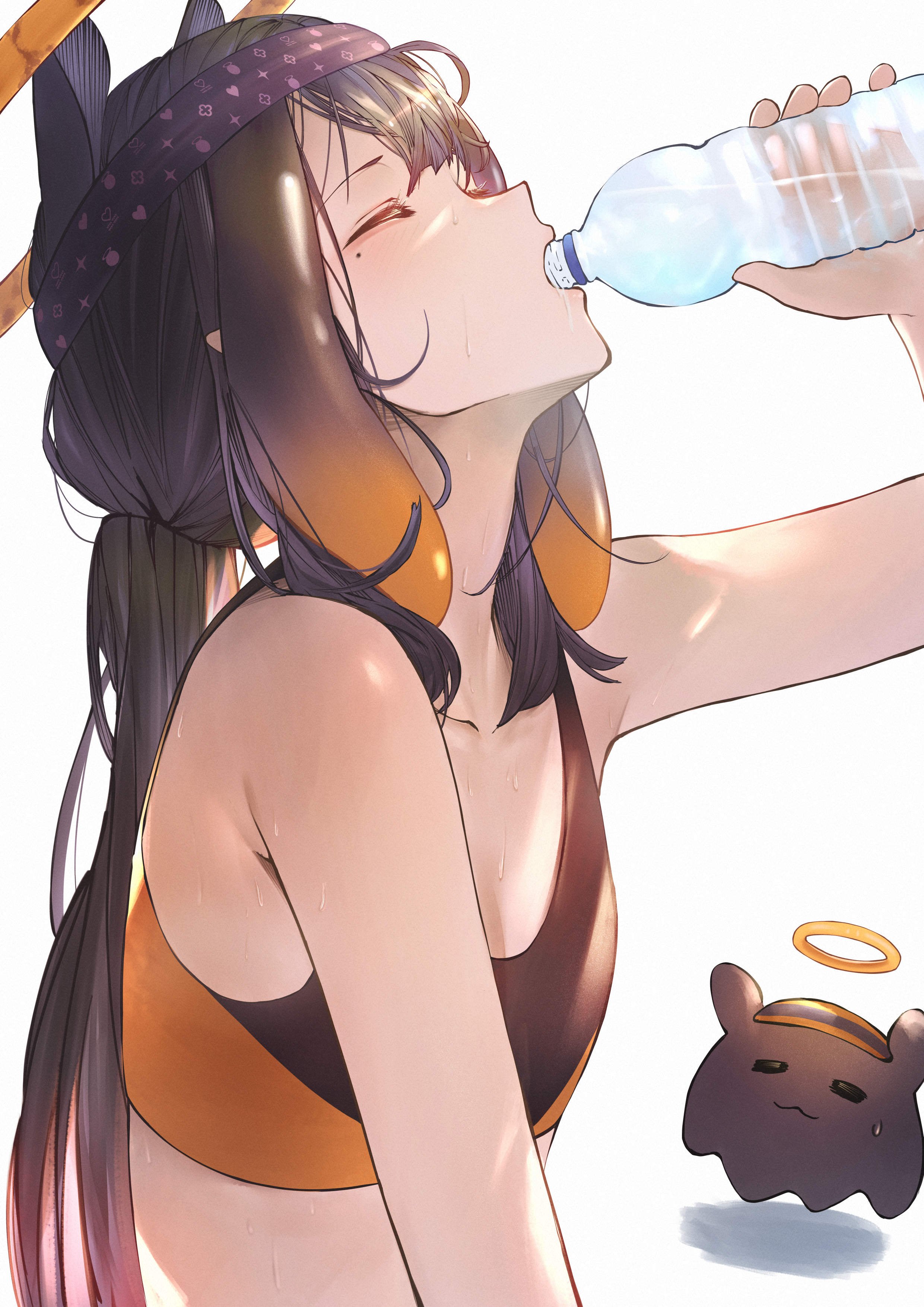 Anime 2481x3508 portrait digital art Hololive anime anime girls Ninomae Ina'nis water bottle sweat sports bra small boobs Betabeet Takodachi