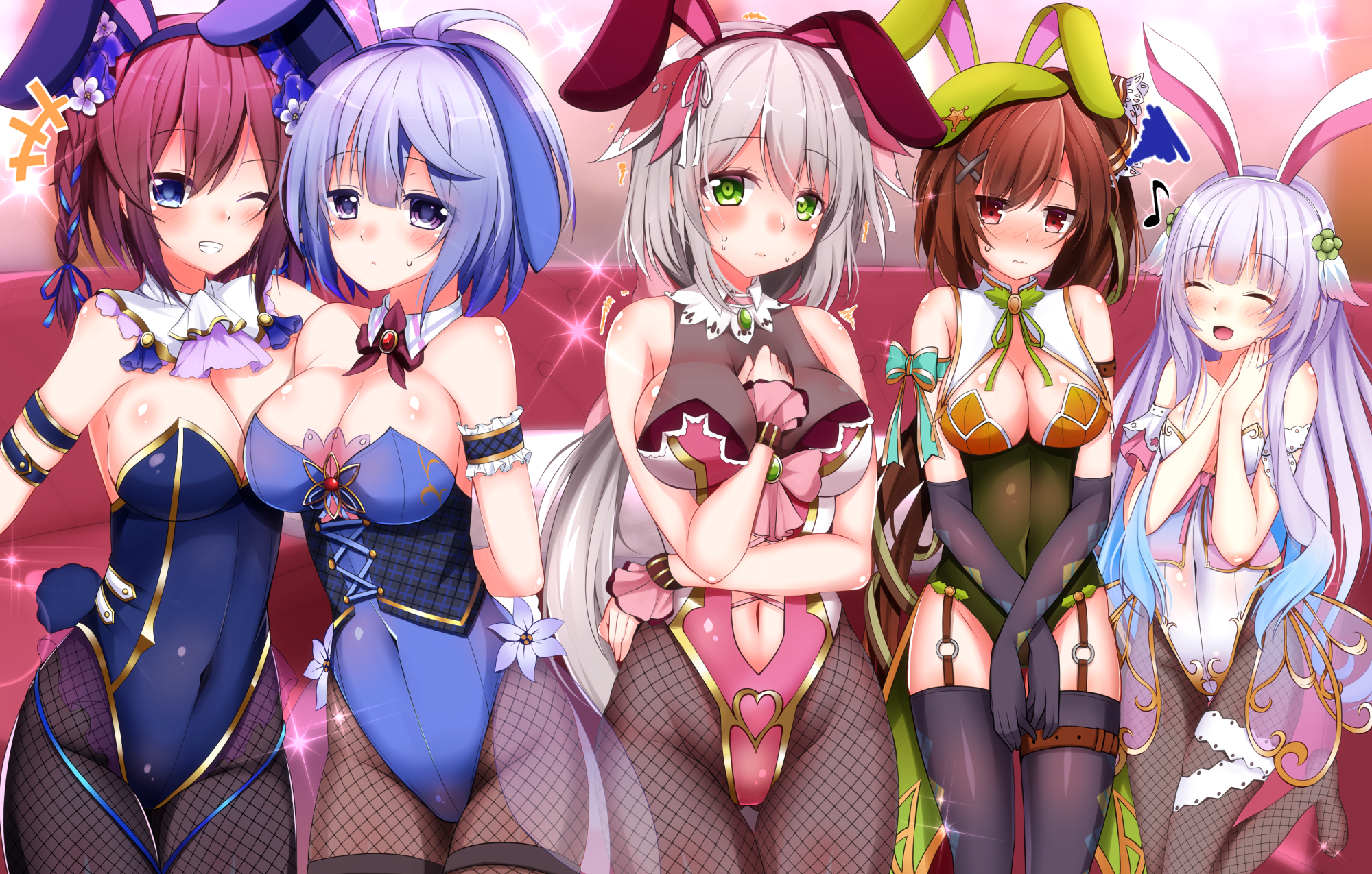 Anime 2000x1275 Flower Knight Girl bunny girl bunny suit group of women fishnet pantyhose cleavage thigh-highs blushing anime girls Shironeko Haru fishnet big boobs line-up embarrassed bright