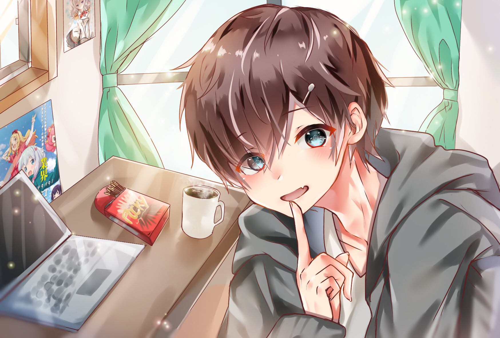 little anime boy with brown hair and blue eyes