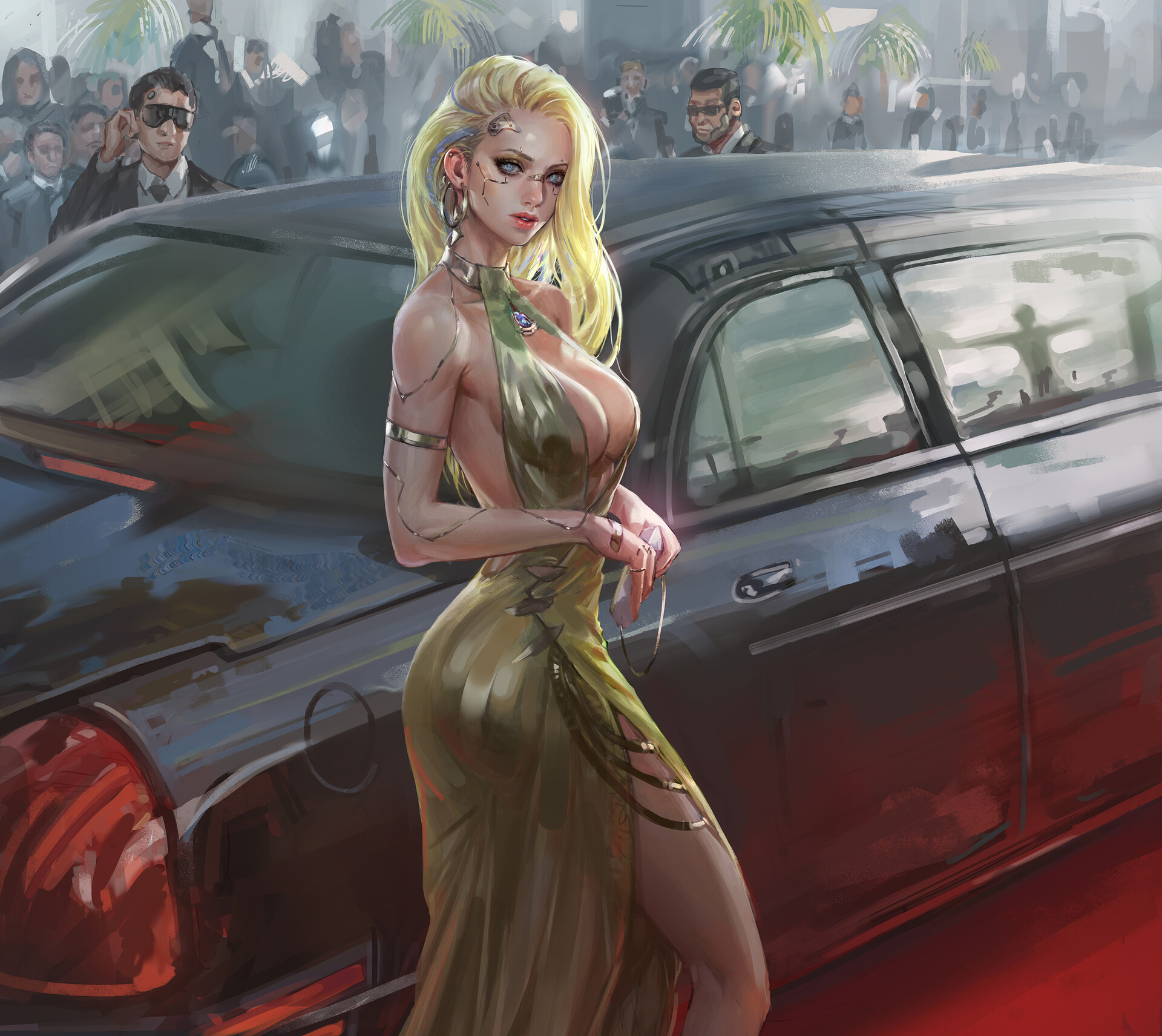 General 1920x1711 In Shoo drawing women dress car cleavage prosthesis outdoors big boobs cyberpunk Crown Victoria boobs women with cars blonde curvy black cars artwork looking at viewer futuristic long hair vehicle
