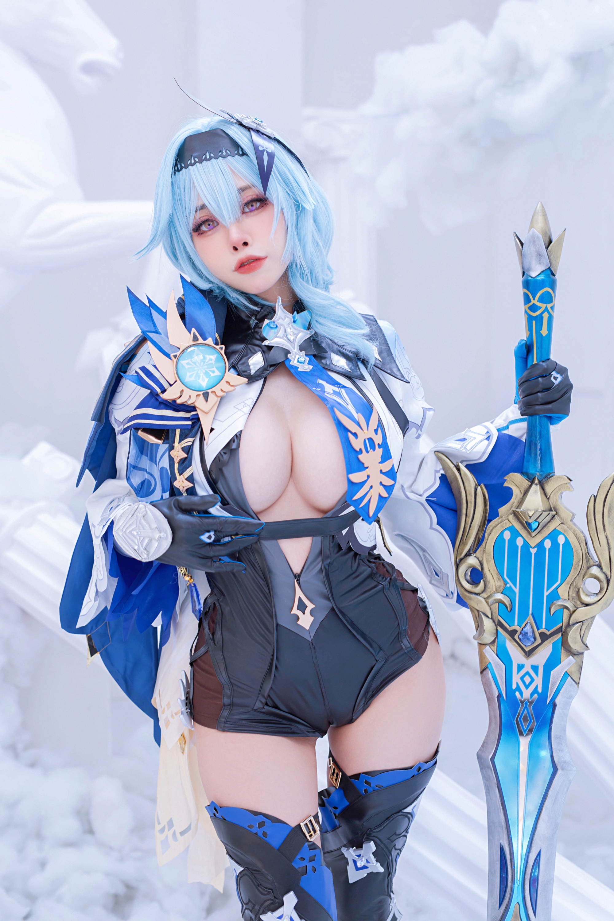 People 2000x3000 Byoru women model Asian cosplay Eula (Genshin Impact) Genshin Impact video games cleavage cameltoe the gap video game characters video game girls thigh-highs blue hair gloves purple eyes