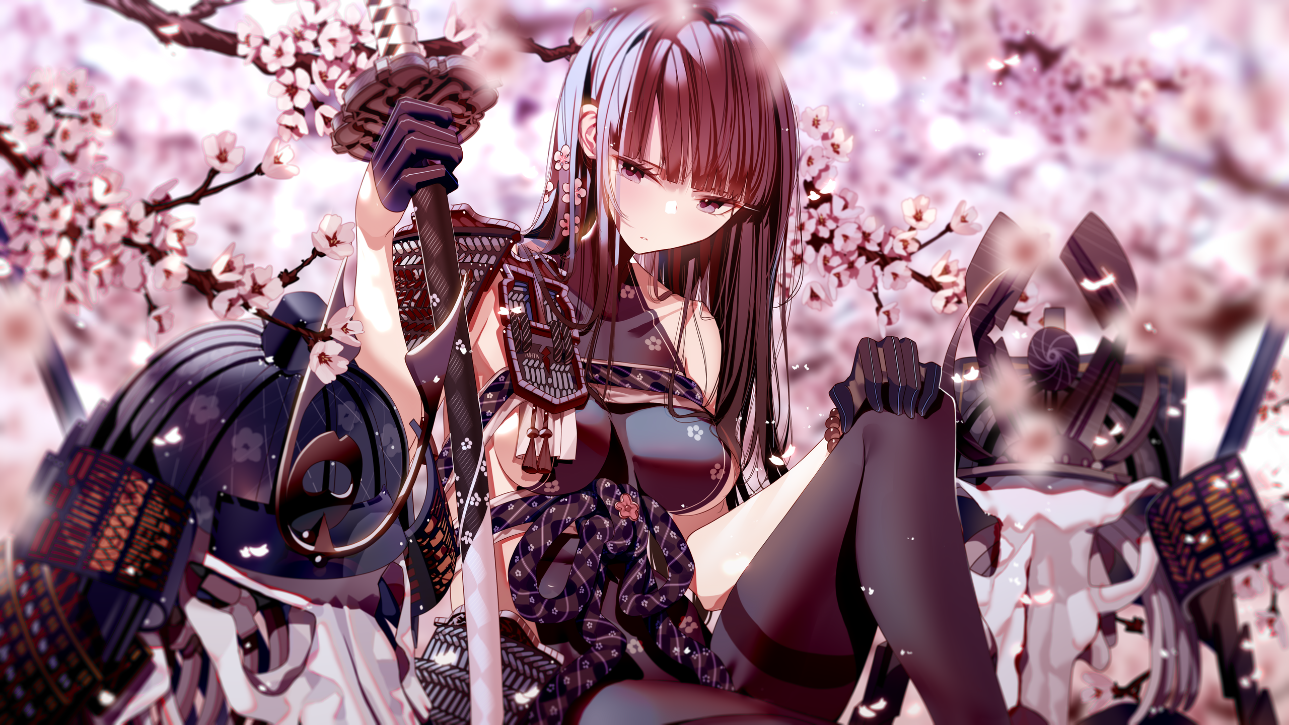 Atha, original characters, samurai, anime, anime girls, cherry blossom, 2D,  artwork, drawing, katana | 2560x1440 Wallpaper 