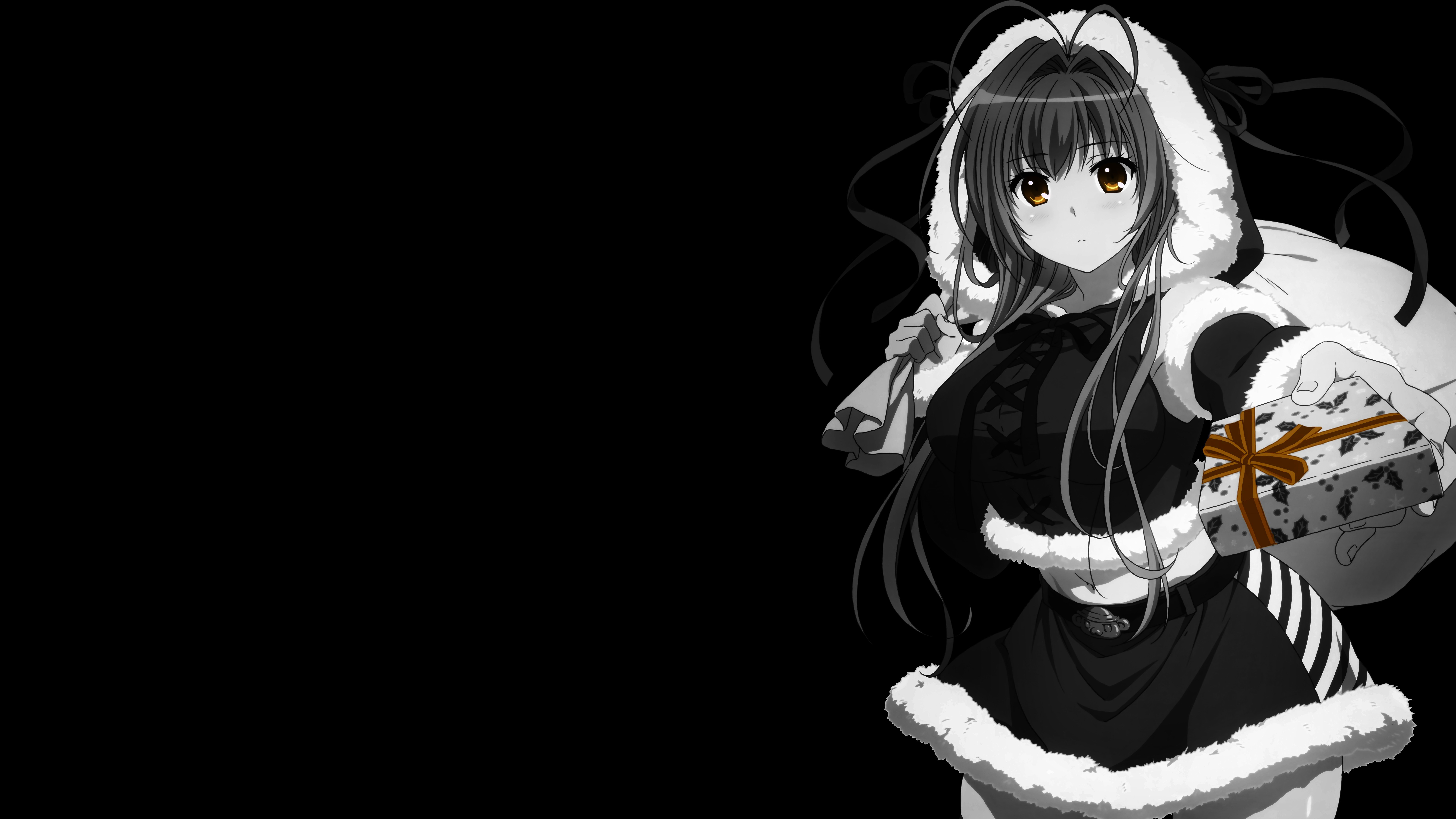Anime 7680x4320 anime girls black background dark background simple background selective coloring Christmas clothes presents