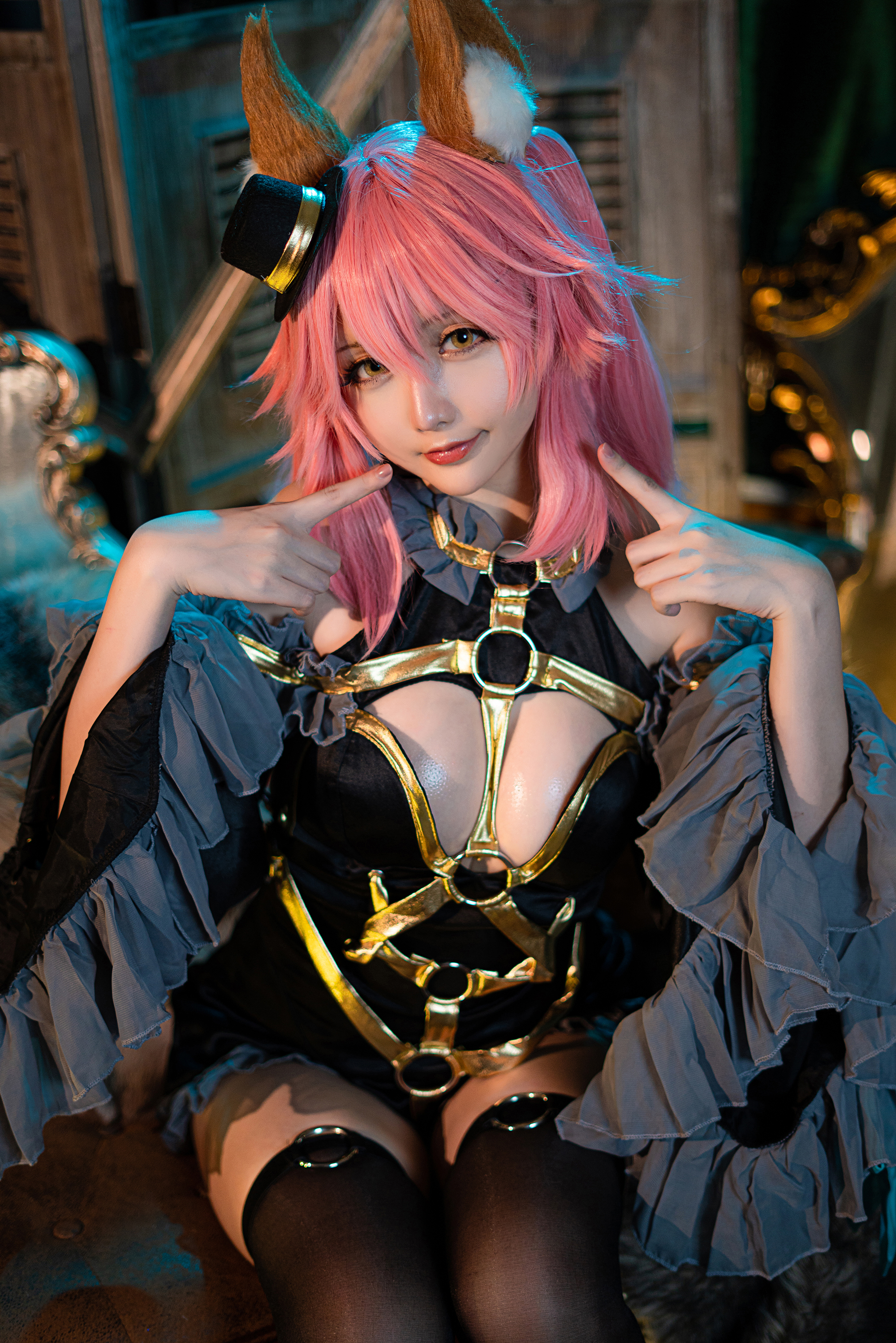 People 2000x2998 Hoshilily cosplay anime girls Tamamo no Mae (fate/grand order) Fate/Extra Fate/Extra CCC pink hair fake boobs women women indoors looking at viewer model Asian black stockings body harness