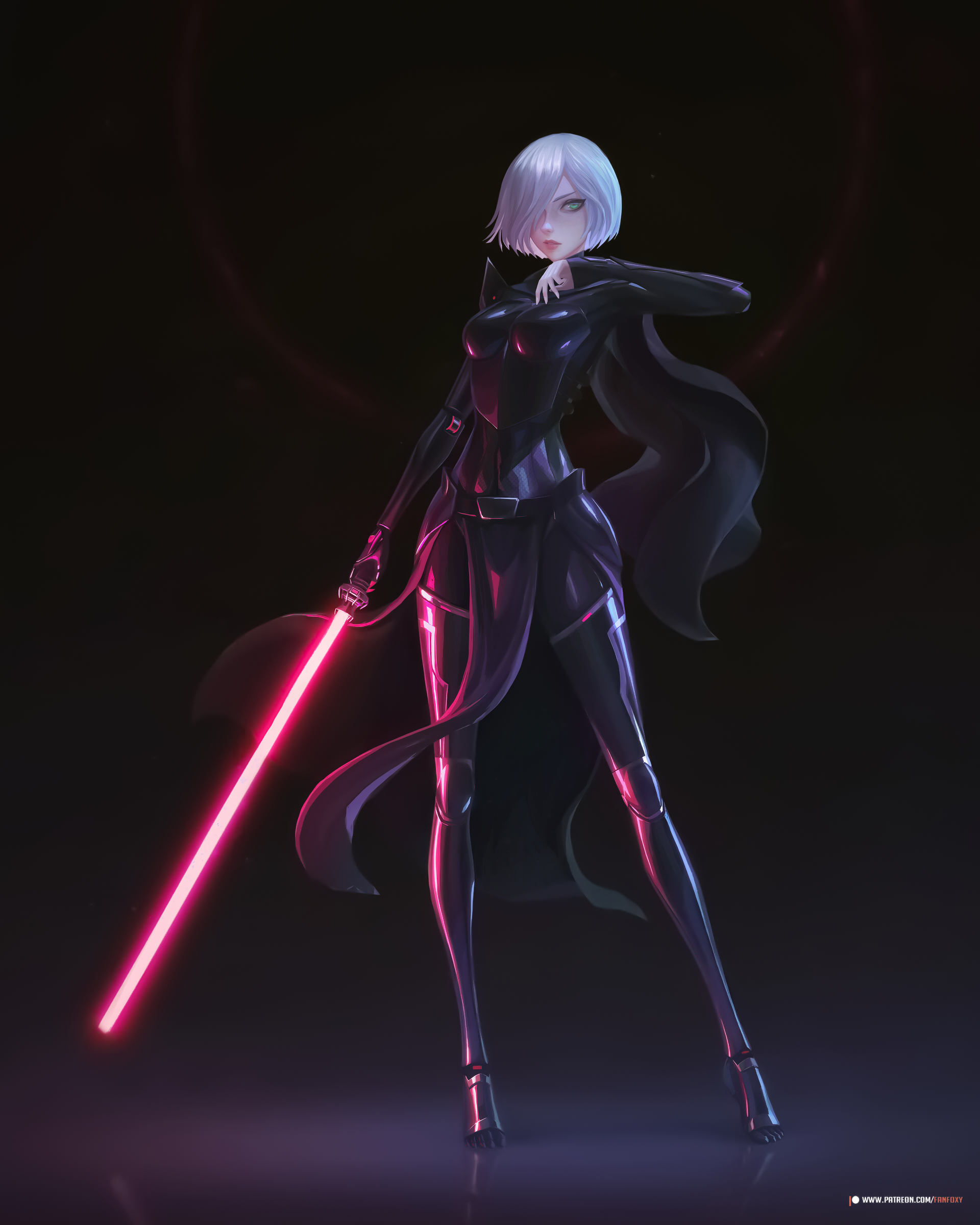 General 1920x2400 Fanfoxy drawing women Star Wars Sith simple background lightsaber silver hair dark portrait display digital art watermarked low light minimalism standing hair over one eye short hair blue eyes tiptoe reflection cape parted lips