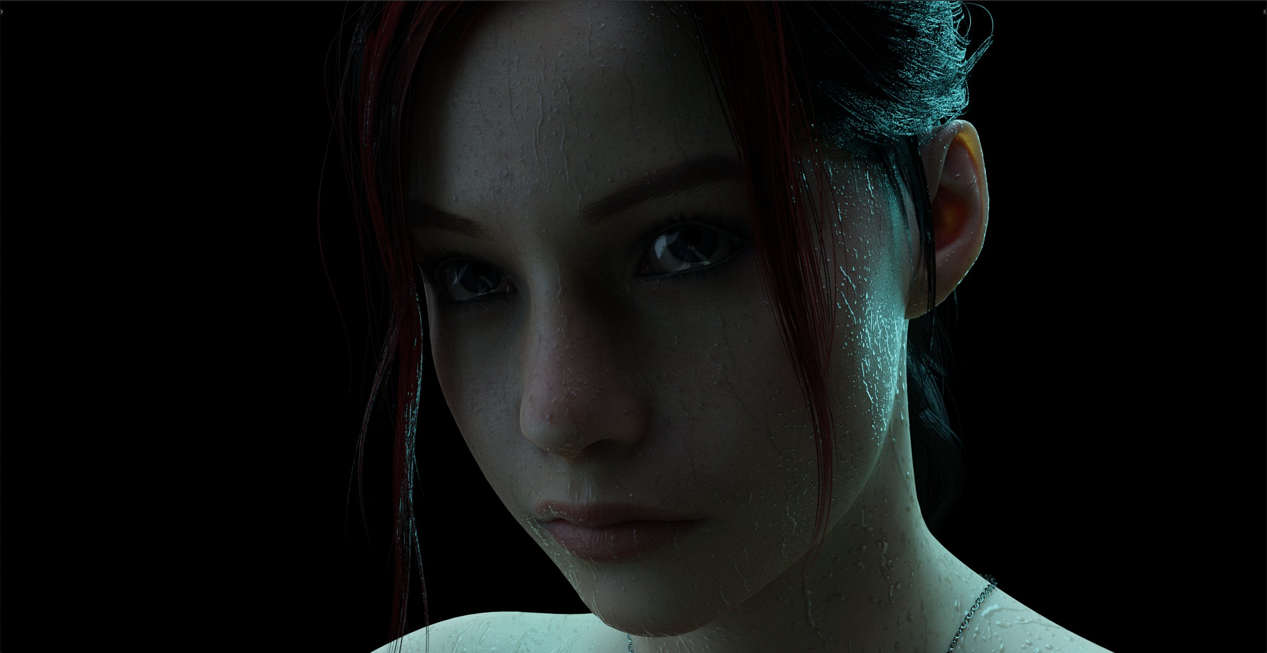 General 2560x1320 video game characters video game girls closeup closed mouth water drops Claire Redfield wet looking at viewer short hair video games low light CGI