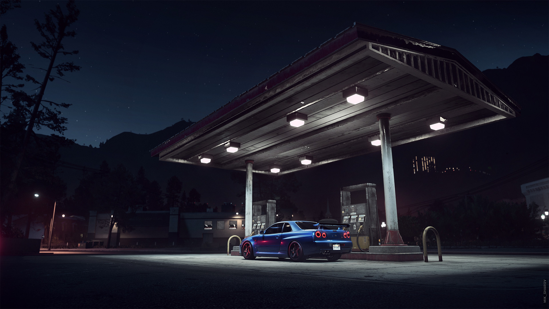 General 1920x1080 nightscape Nissan Nissan Skyline R34 night gas station Need for Speed video game art screen shot mountains car vehicle Mikhail Sharov