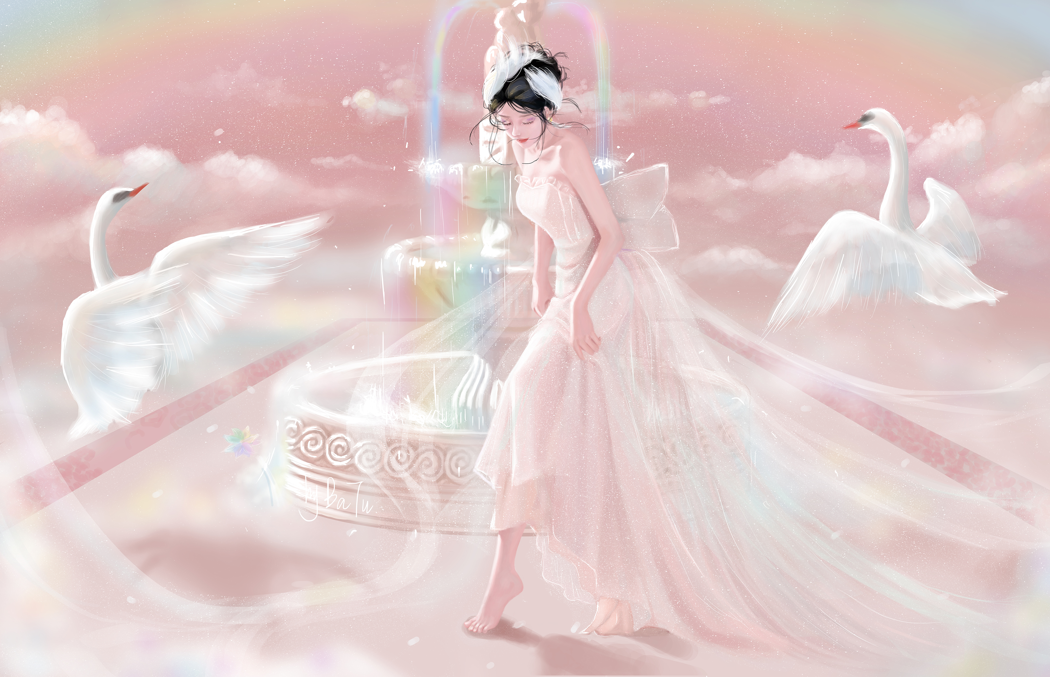 General 3616x2333 swans women Fountains Abbey mist BaTu CGI digital art