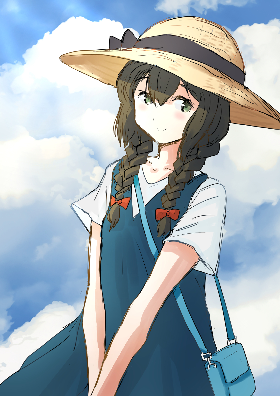 Anime 1191x1684 Isonami (KanColle) Kantai Collection anime anime girls braids brunette artwork digital art fan art portrait display smiling closed mouth short sleeves sky shoulder length hair sunlight sun hats clouds hair bows purse hair between eyes looking at viewer standing twintails collarbone