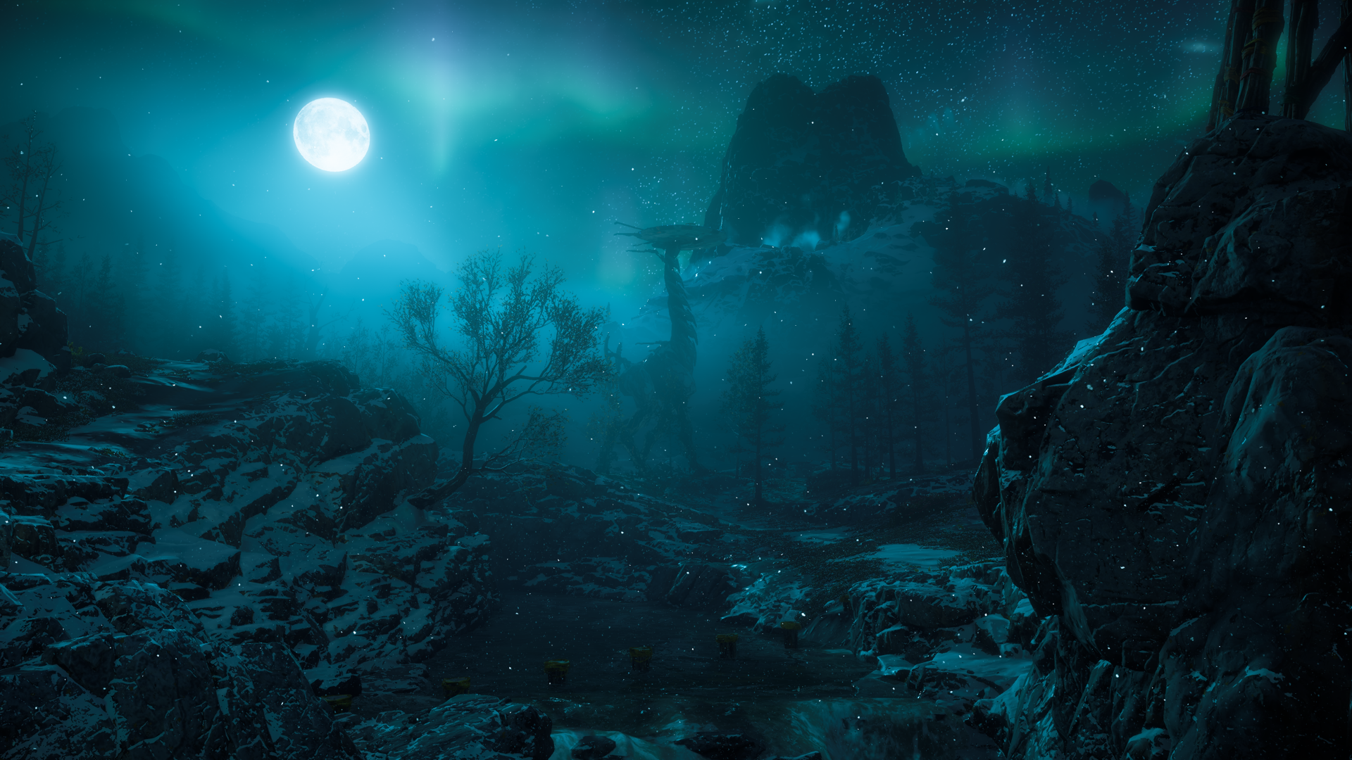 General 1920x1080 Horizon: Zero Dawn screen shot moon phases stars snow mountains trees night aurorae video games