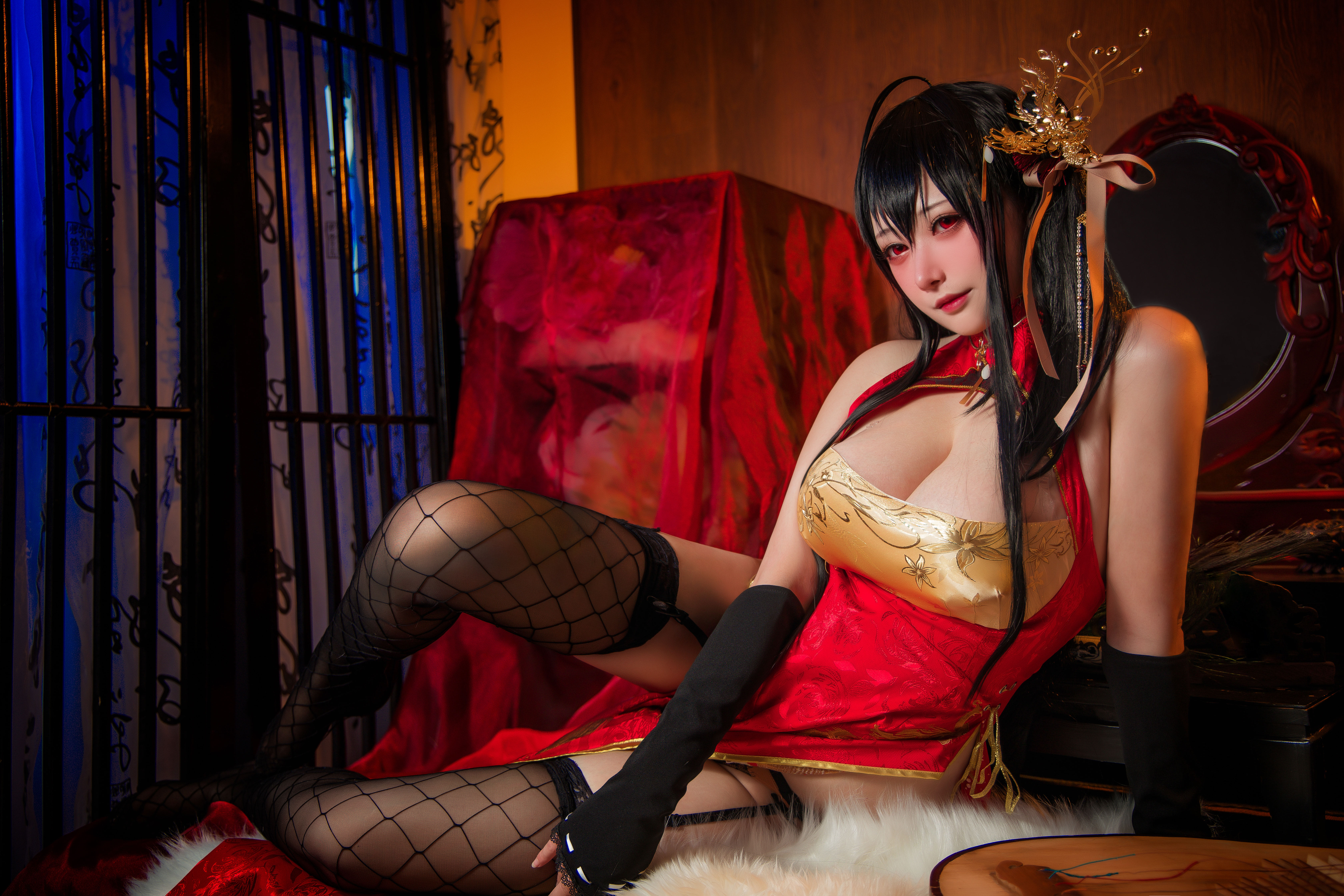 People 6720x4480 women model Taihou (Azur Lane) Azur Lane Chinese dress cheongsam video games video game girls brunette bangs long hair lingerie stockings black stockings fishnet fishnet stockings garter straps cleavage indoors women indoors looking at viewer arm warmers NiannianD Asian cosplay