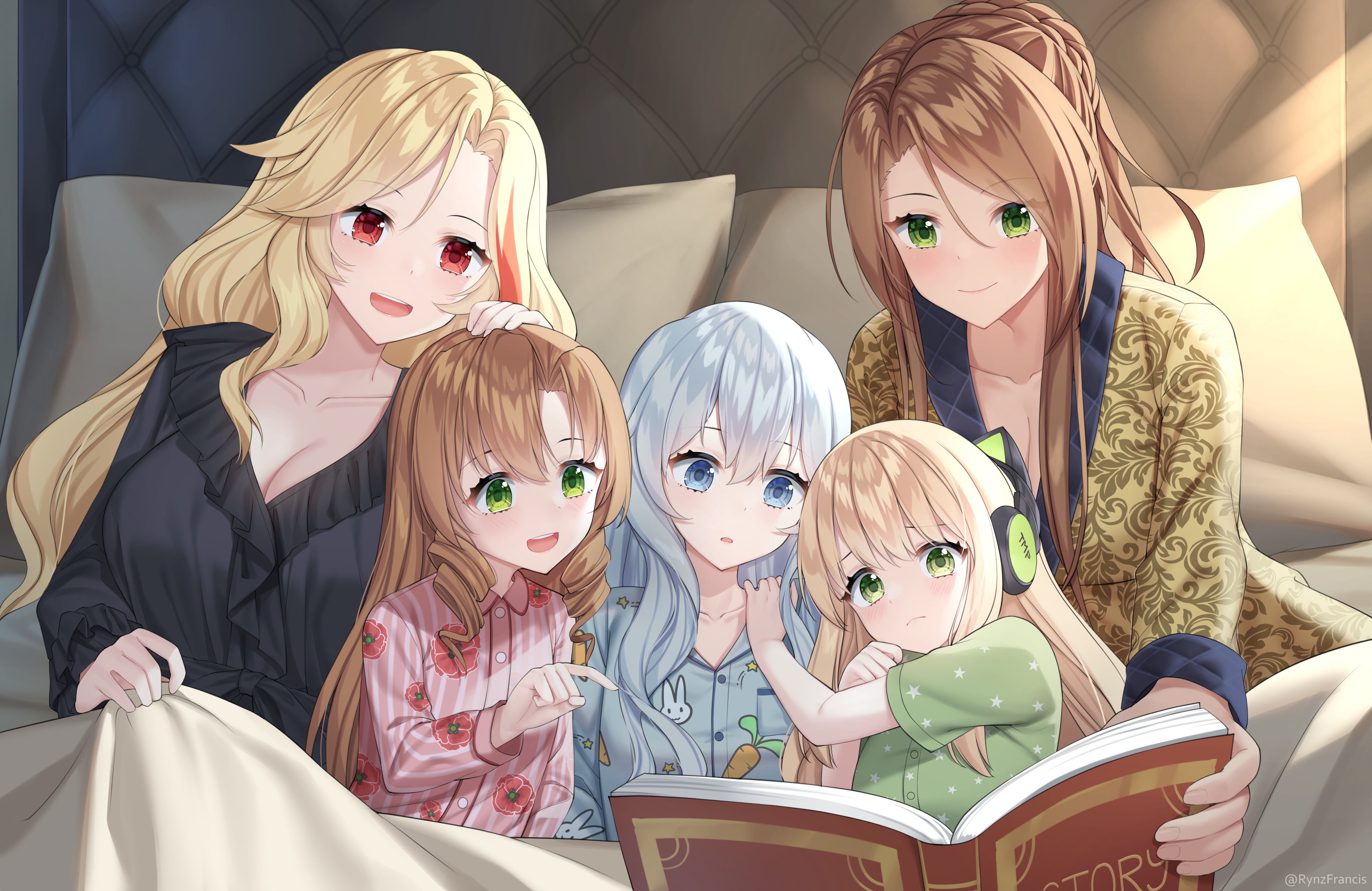 Anime 4370x2840 anime anime girls RynzFrancis artwork in bed loli books blonde brunette blue hair reading
