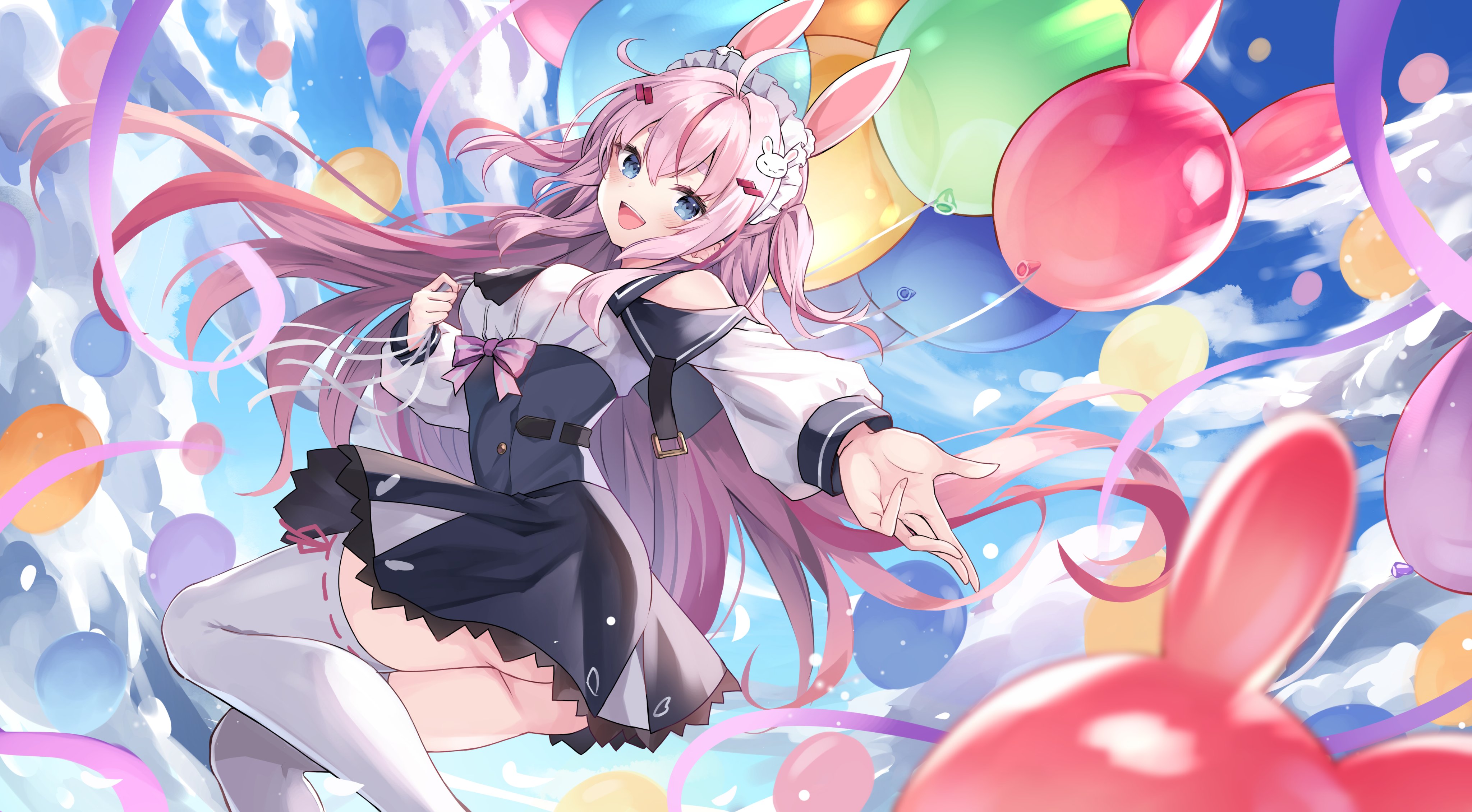 Anime 4096x2261 anime anime girls pink hair blue eyes bunny girl bunny ears balloon looking at viewer open mouth ass stockings white stockings long hair nopan dress maid outfit artwork Crerp