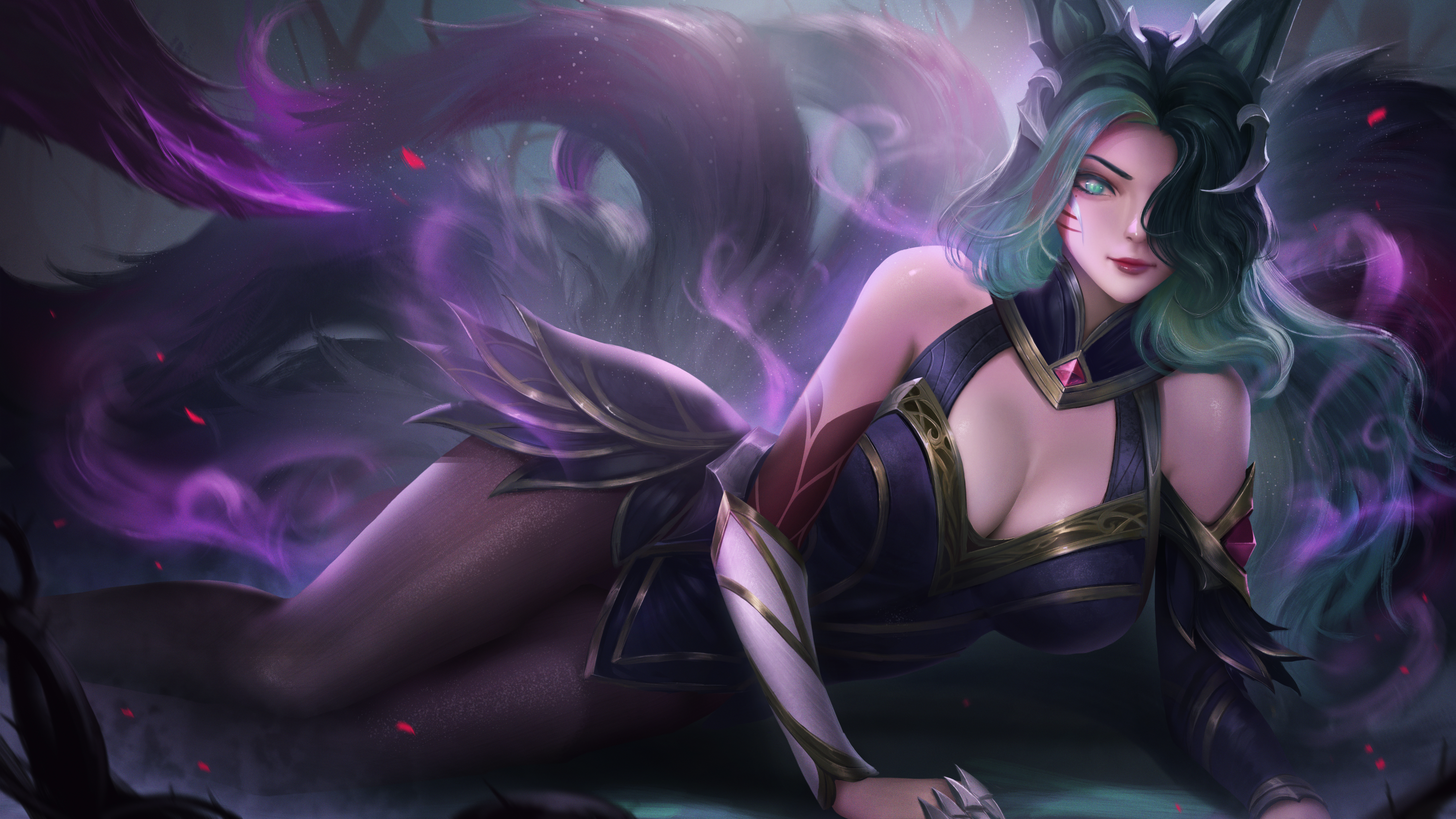 General 5476x3080 Ahri (League of Legends) League of Legends video games video game girls looking at viewer fox girl nine tails cleavage dress pantyhose arm support fantasy girl fantasy art video game characters 2D artwork drawing illustration fan art Windwalker Ture
