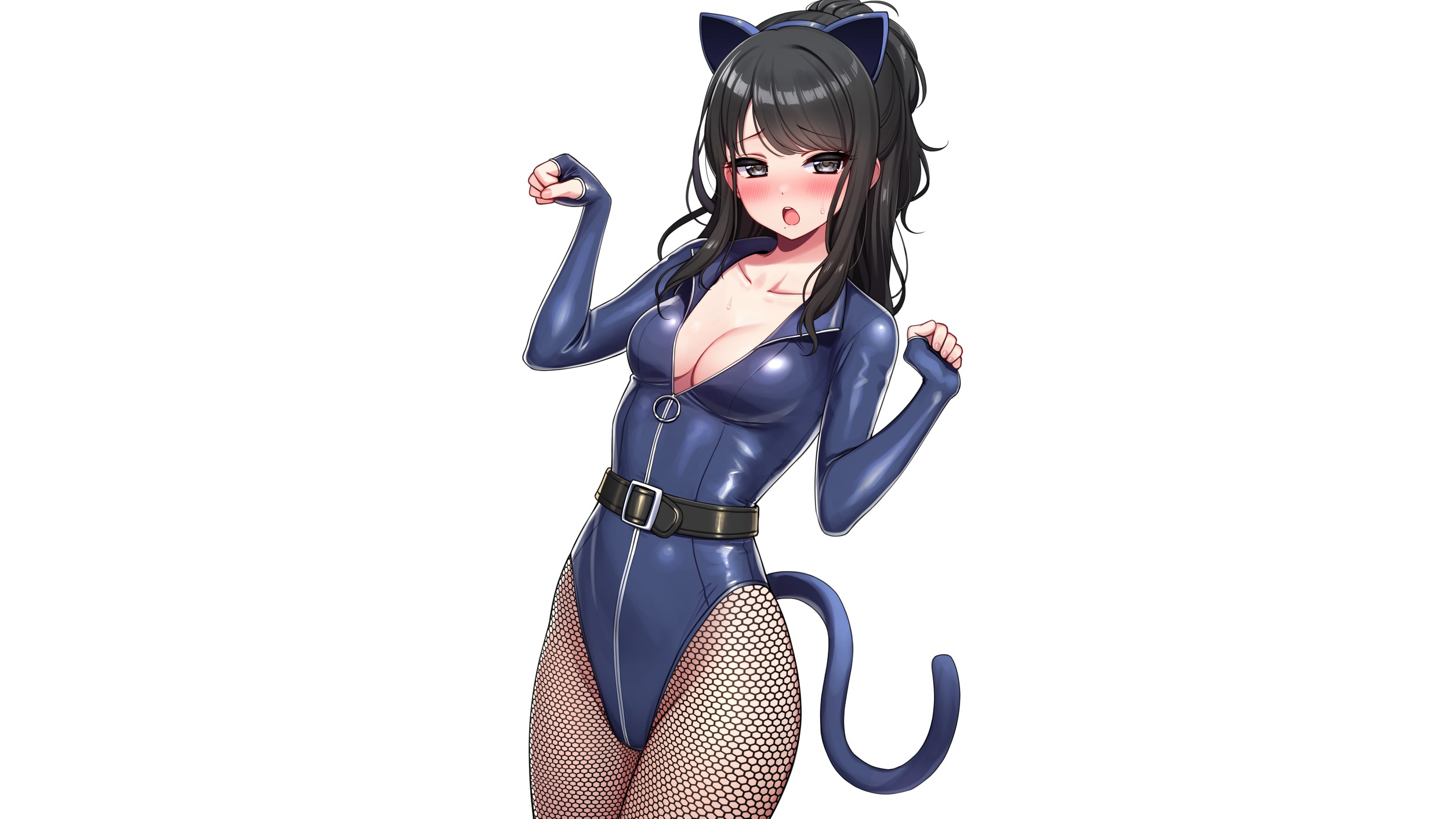 Anime 2510x1412 Deadnooodles Kazano Hiori THE iDOLM@STER anime anime girls simple background black hair cat ears catsuit latex bodysuit leotard looking at viewer cat girl blushing boobs cleavage fishnet cat tail pantyhose fishnet pantyhose tail animal ears
