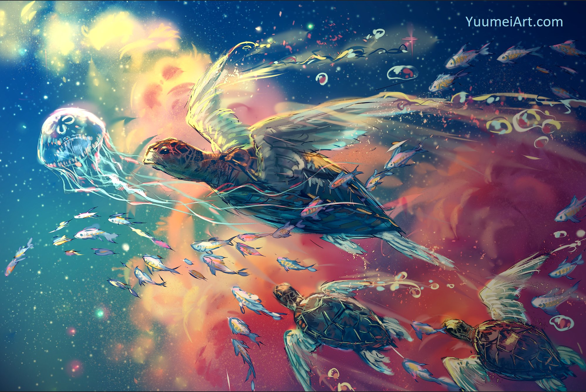 General 1997x1338 digital painting turtle fish clouds fantasy art Yuumei