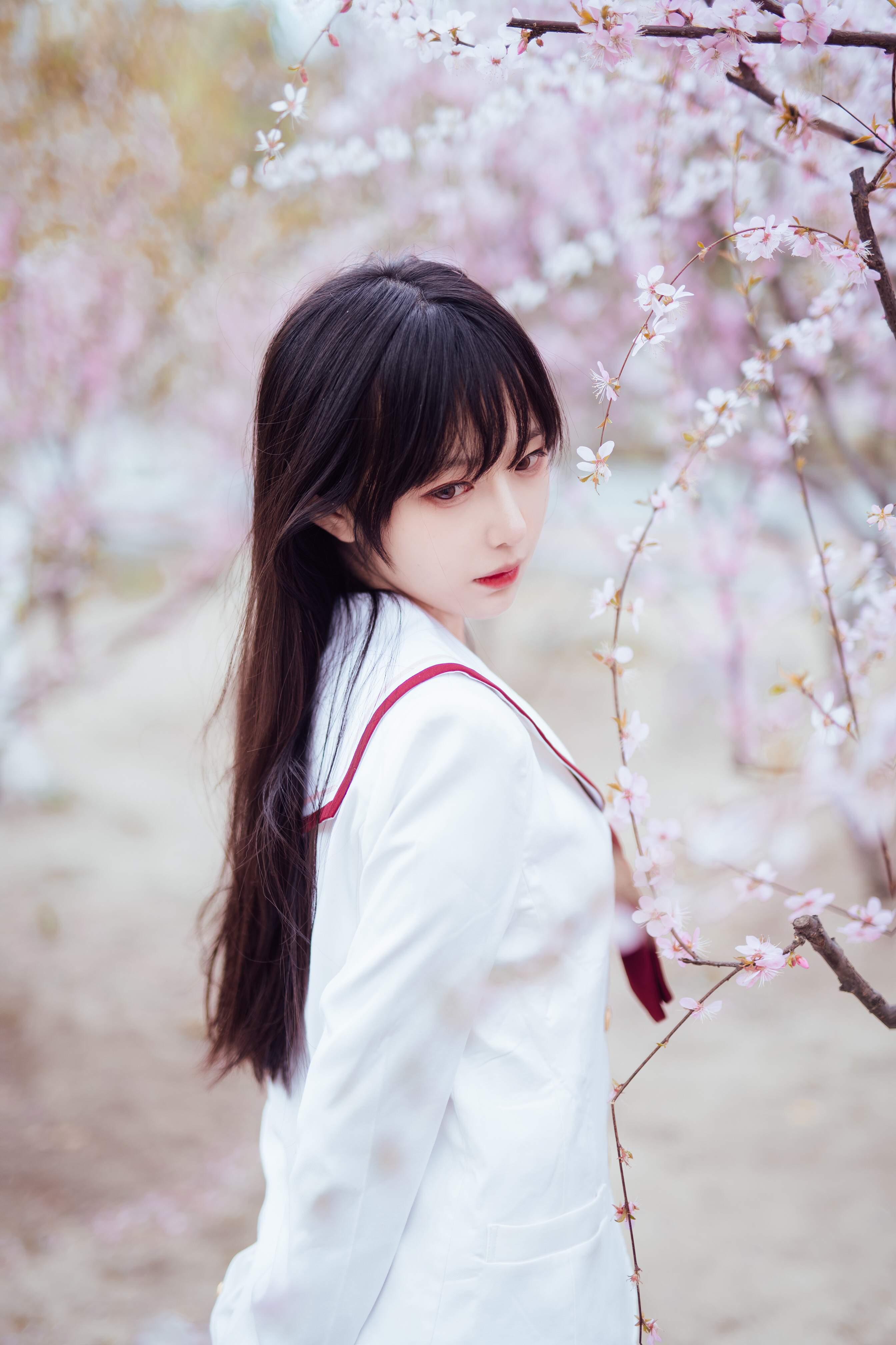 People 2688x4032 cherry blossom Asian women model looking away women outdoors red lipstick long hair Shika XiaoLu
