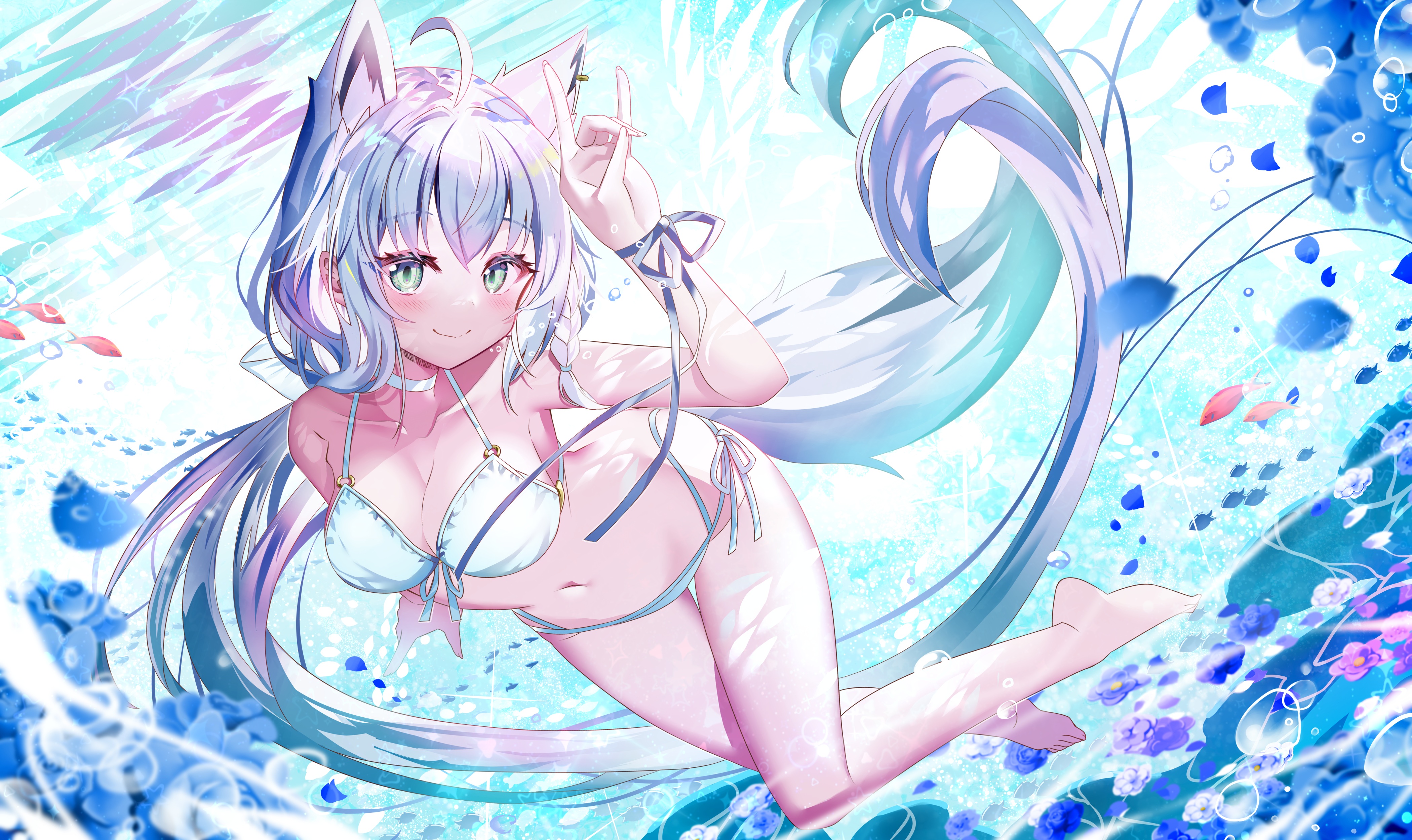 Anime 4200x2500 anime girls SHO Hololive Shirakami Fubuki Virtual Youtuber animal ears bikini swimwear tail wet underwater fox ears fox girl fox tail