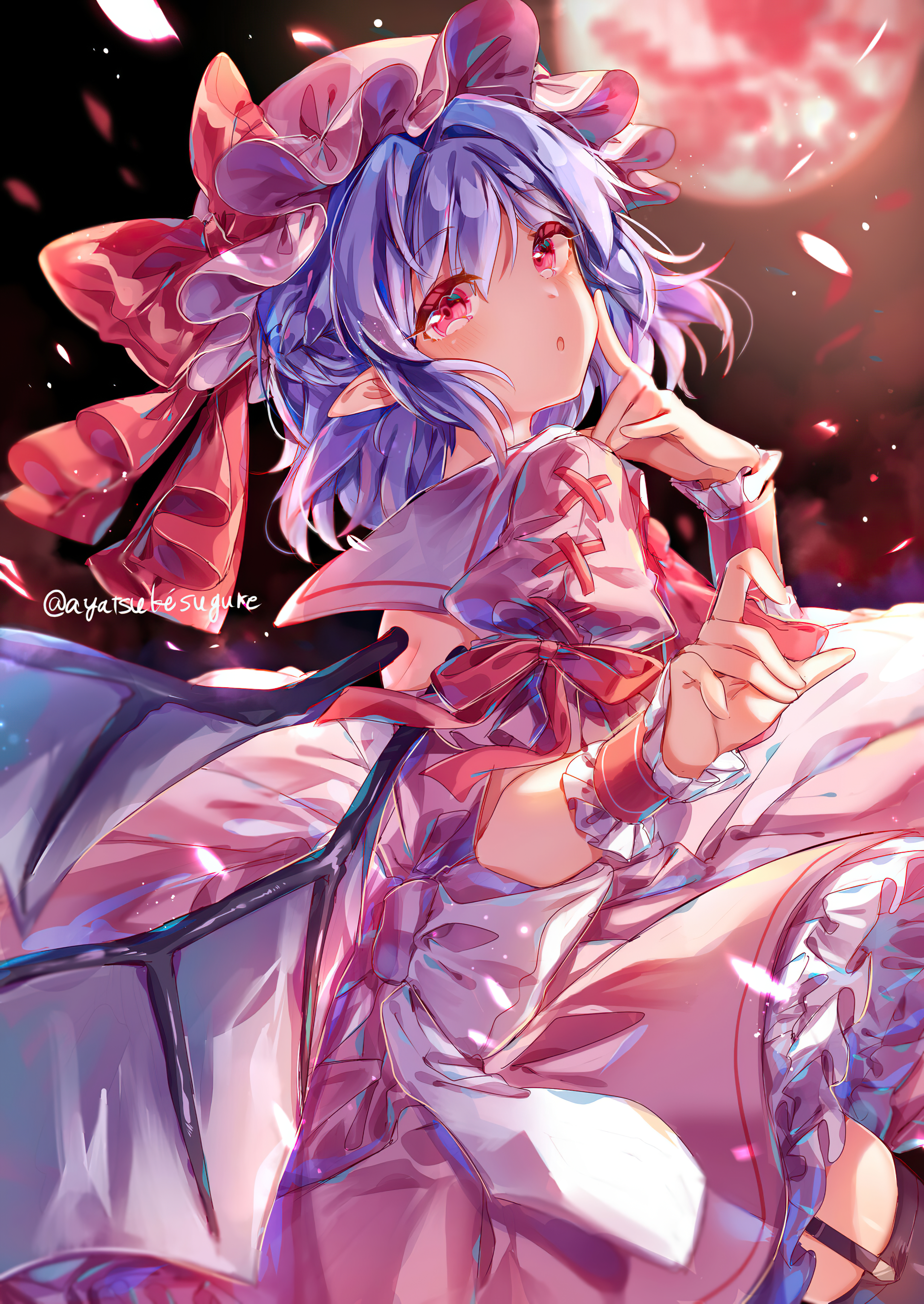 Anime 2560x3614 anime Touhou anime girls Remilia Scarlet pointy ears blue hair red eyes short hair wings bat wings looking over shoulder