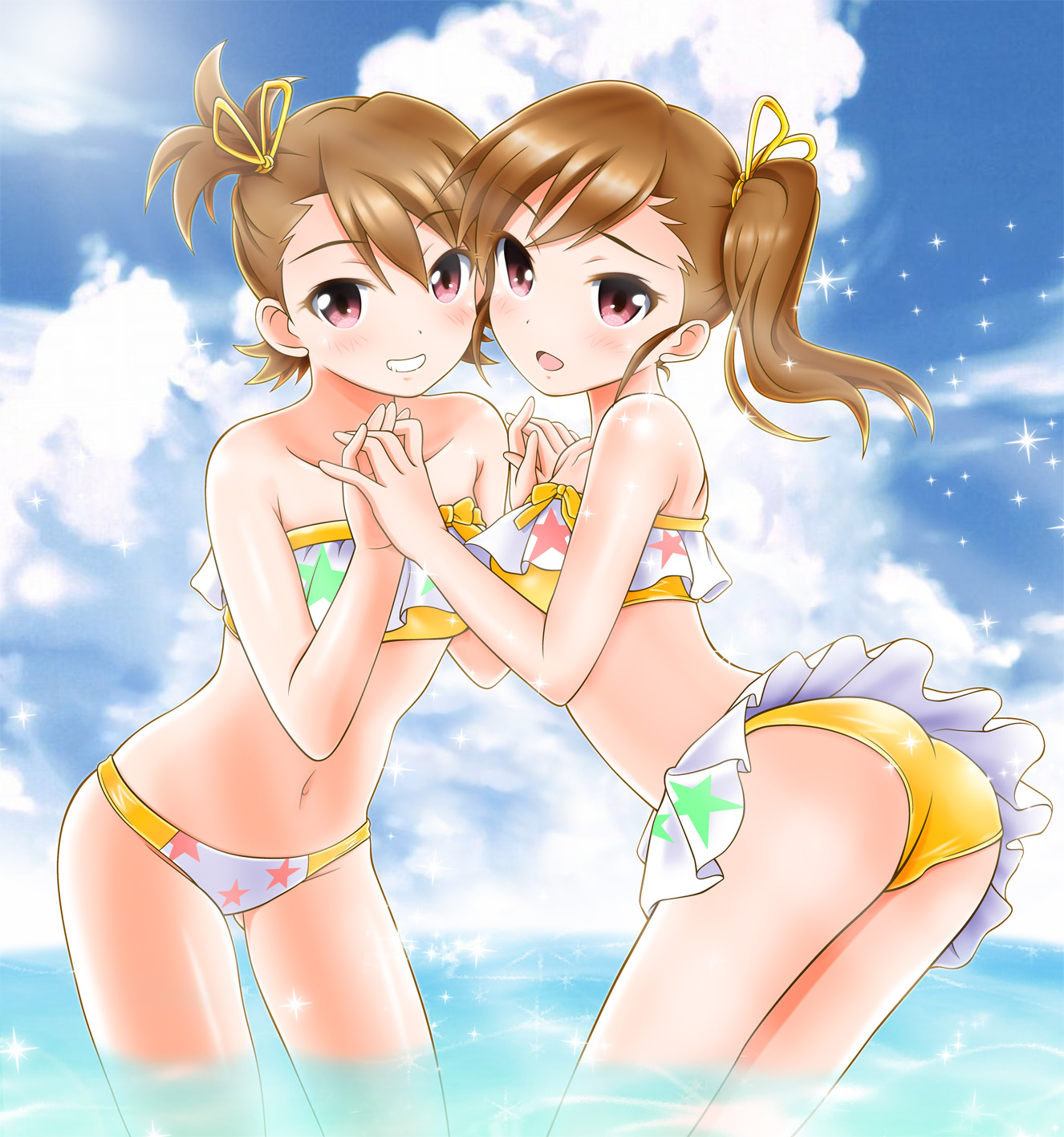 Anime 1326x1417 anime anime girls THE iDOLM@STER Futami Ami Futami Mami long sleeves brunette twins two women artwork digital art fan art ass bikini swimwear