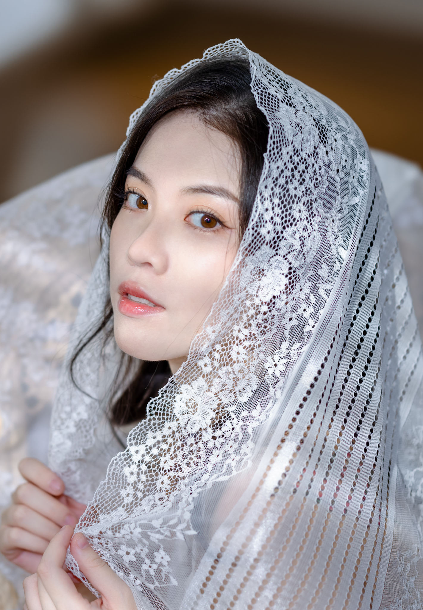 People 1421x2048 Qin Xiaoqiang women Asian dark hair brown eyes veils portrait looking at viewer