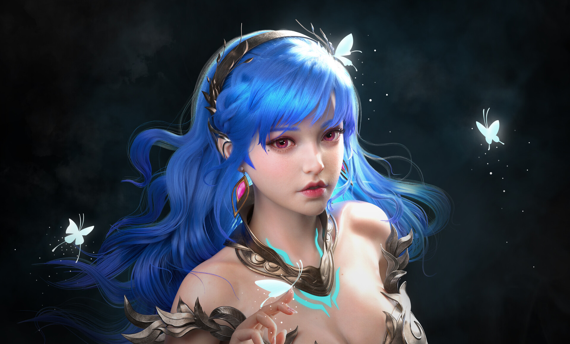 General 1920x1157 blue hair CGI fantasy art fantasy girl butterfly digital art