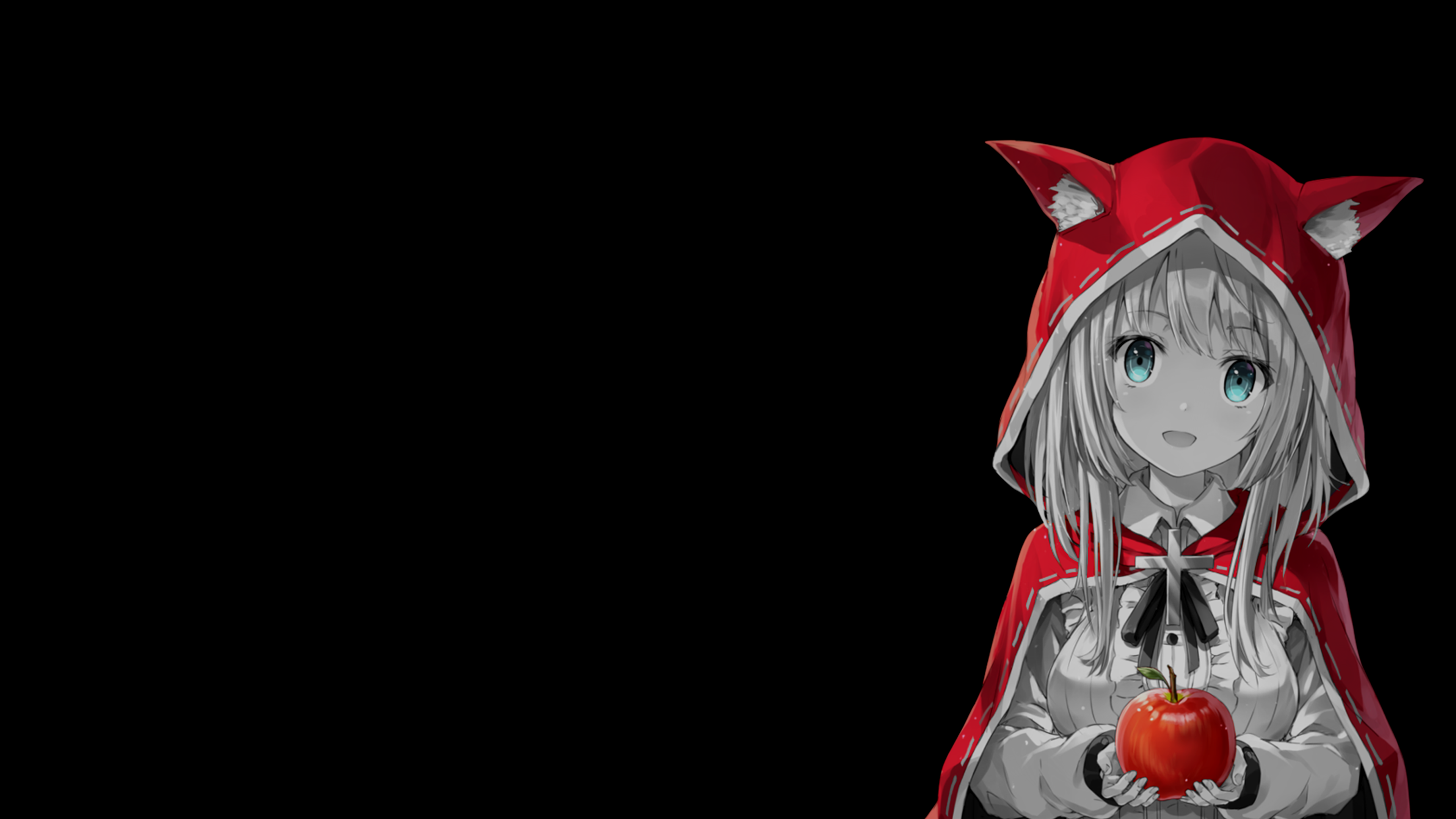 Anime 3840x2160 selective coloring black background dark background simple background anime girls apples fox ears