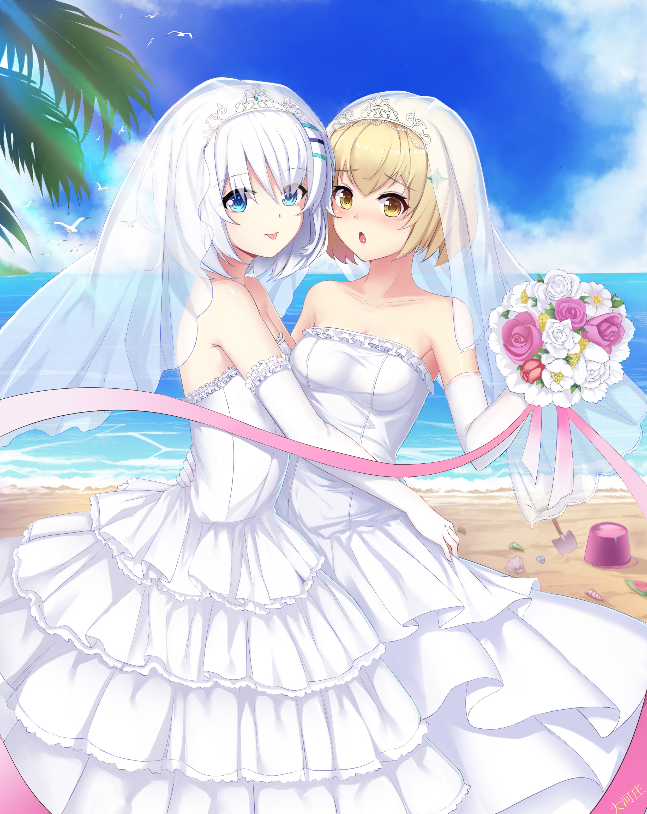 Anime 2480x3118 anime anime girls original characters wedding dress weddings two women yuri artwork digital art fan art flowers beach