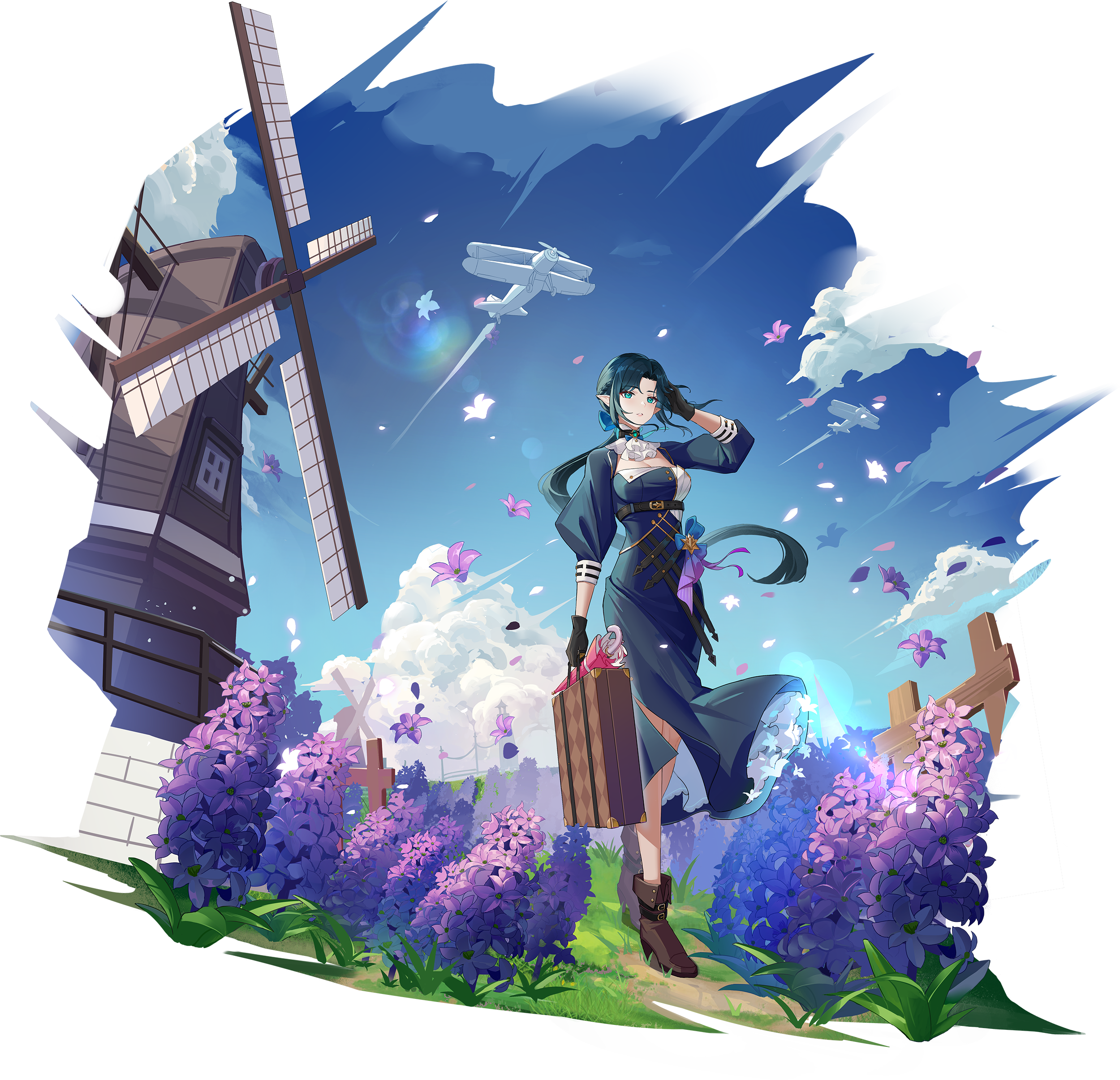 Anime 2500x2410 Aura star video game characters flowers petals clouds windmill