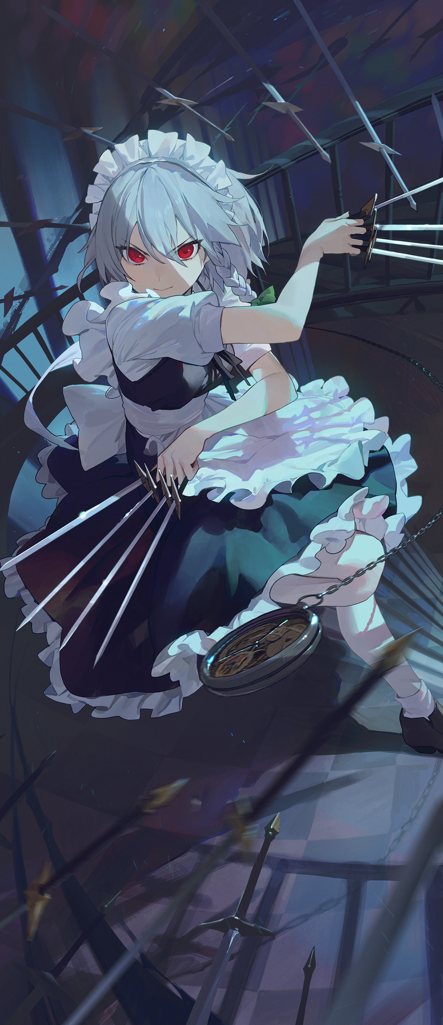 Anime 1500x3467 anime anime girls Touhou Izayoi Sakuya knife red eyes white hair maid maid outfit artwork Mossi (artist)