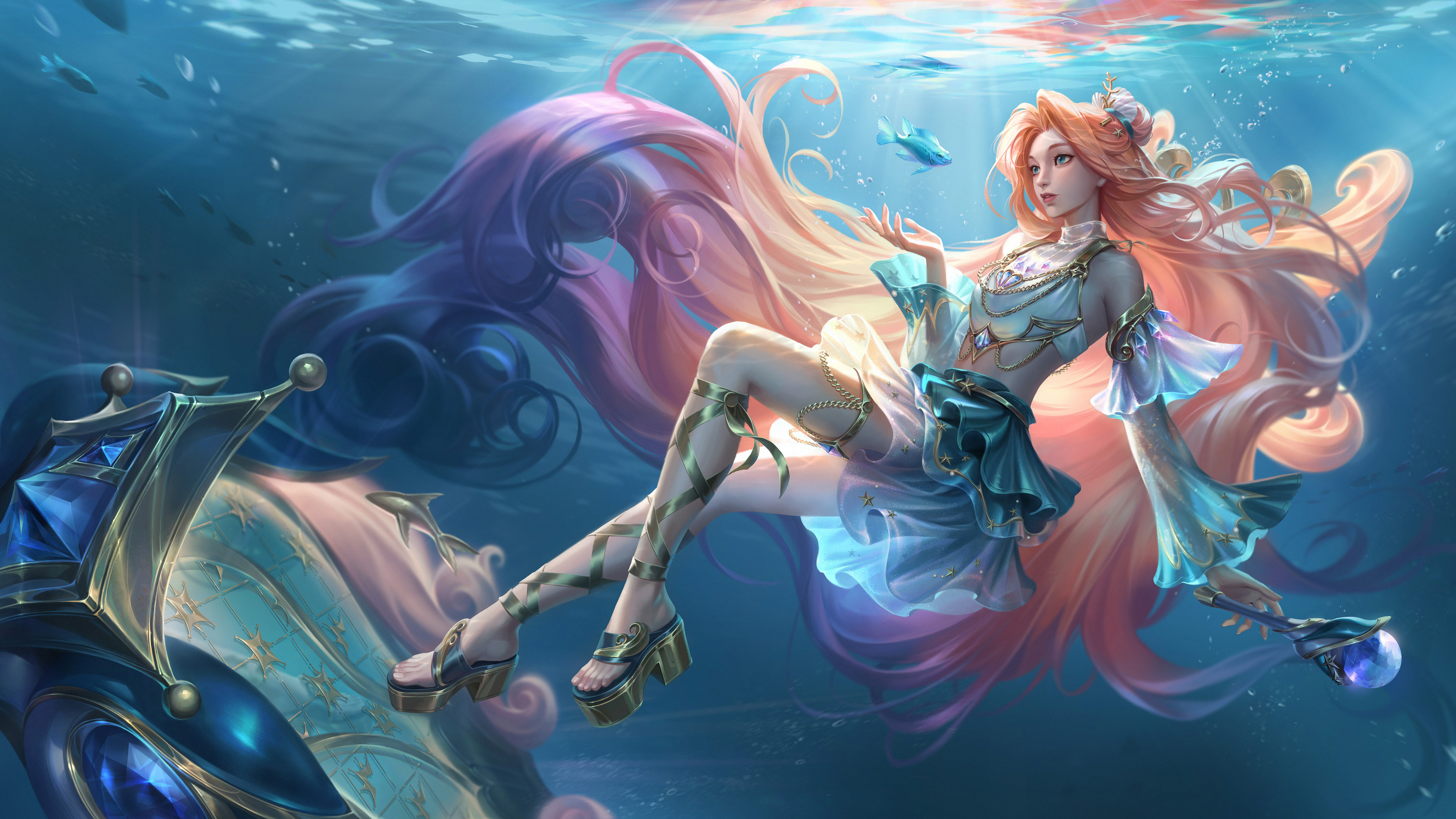 General 3840x2160 Sora Kim drawing women redhead long hair League of Legends Seraphine (League of Legends) underwater legs glamour jewelry gold in water digital art