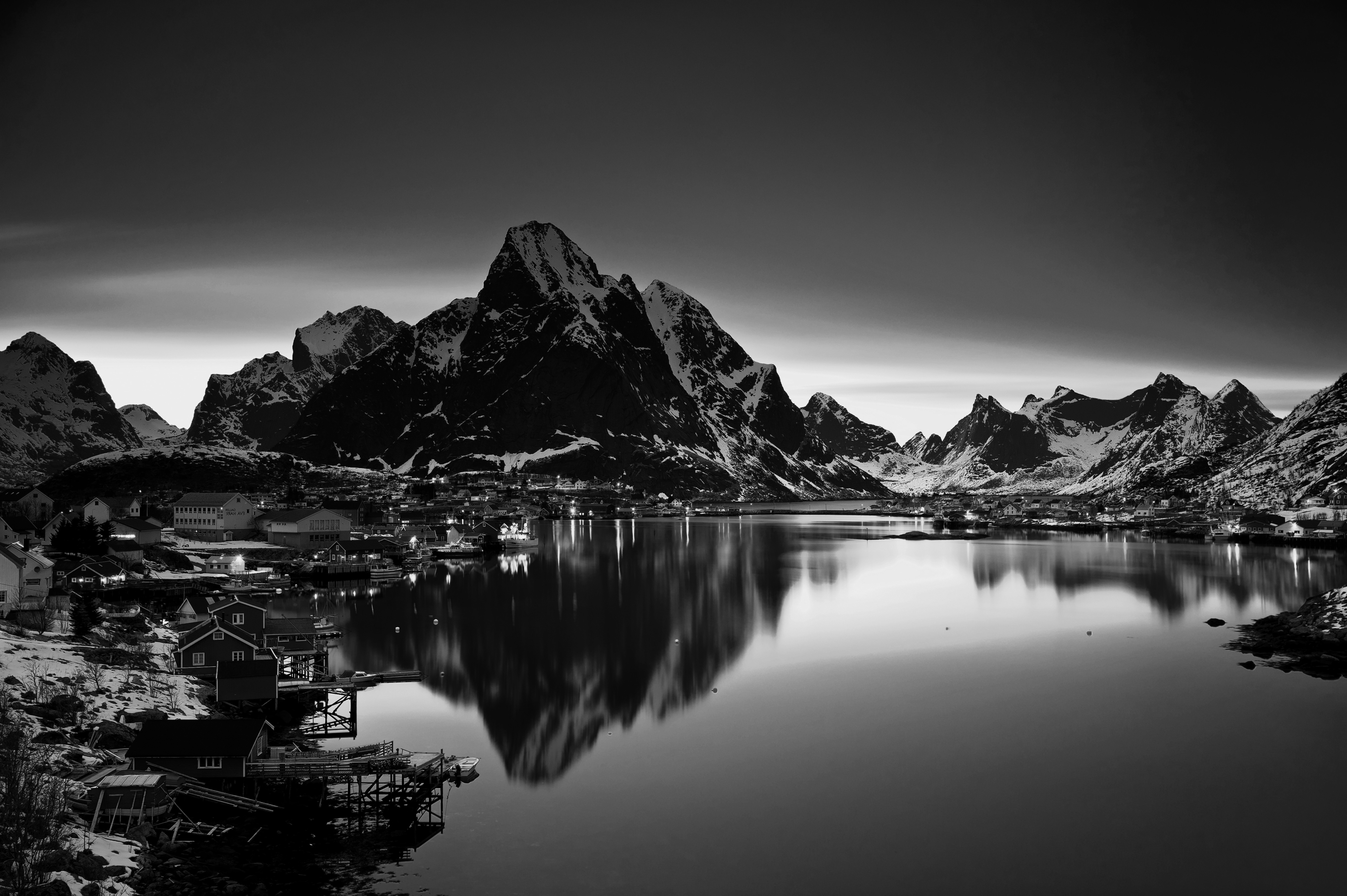 General 5906x3930 nature landscape mountains lake dock village reflection monochrome water