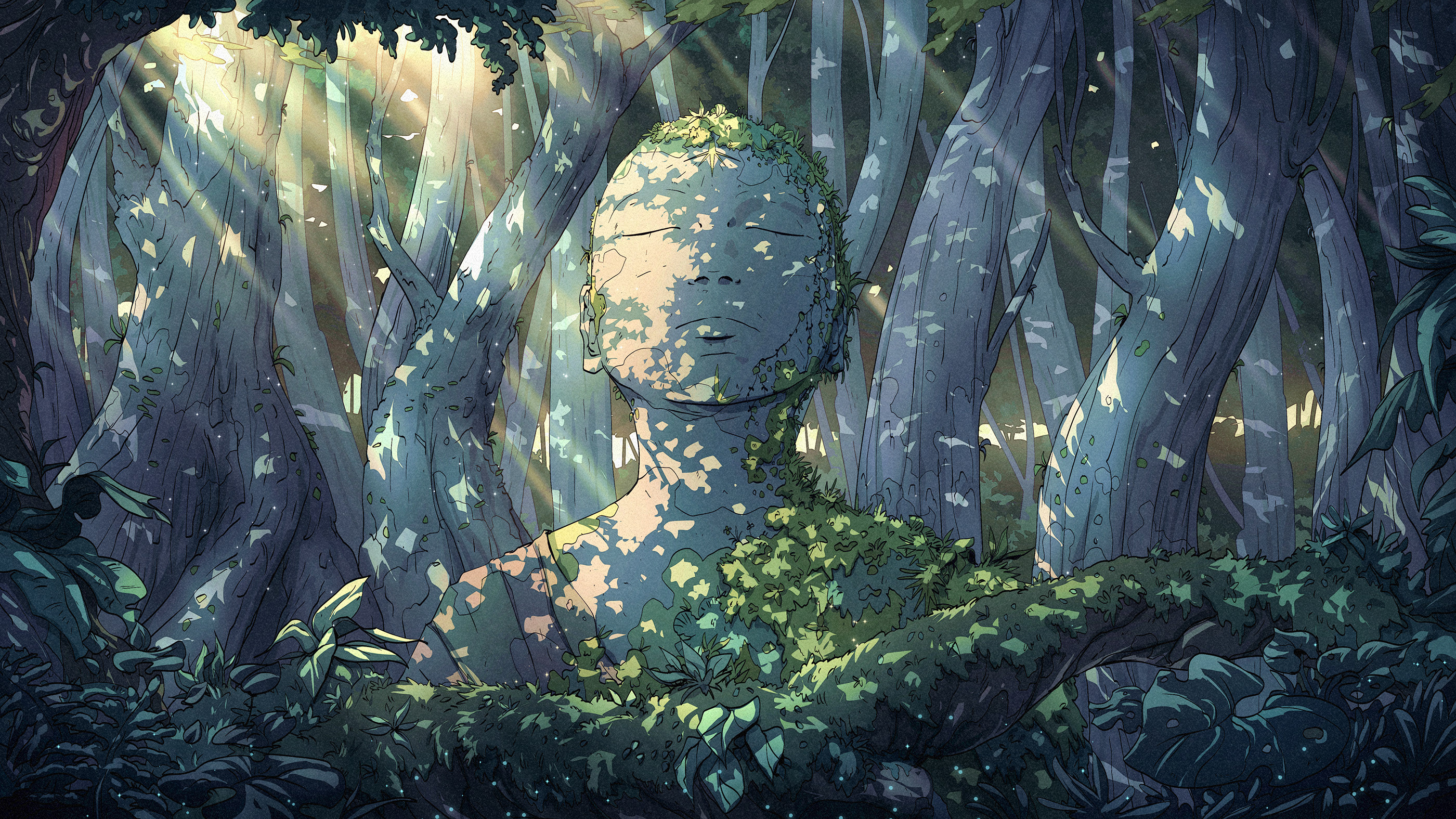 General 2800x1575 digital art illustration artwork drawing fantasy art Ukiyo-e nature landscape forest trees statue Christian Benavides