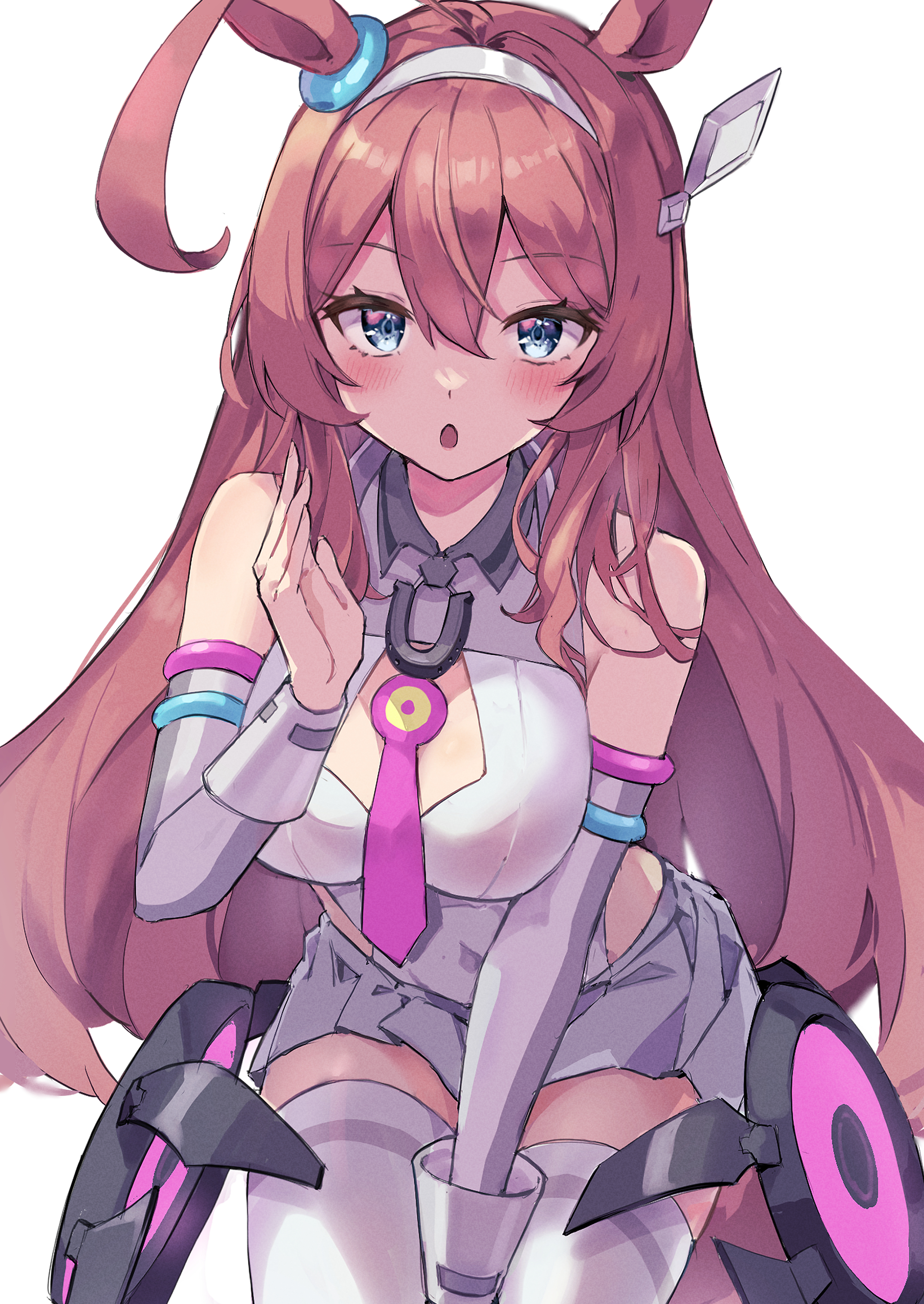 Anime 2150x3035 anime anime girls Uma Musume Pretty Derby horse girls animal ears Mihono Bourbon (Uma Musume) long hair brunette solo artwork fan art white background simple background tie open mouth looking at viewer stockings
