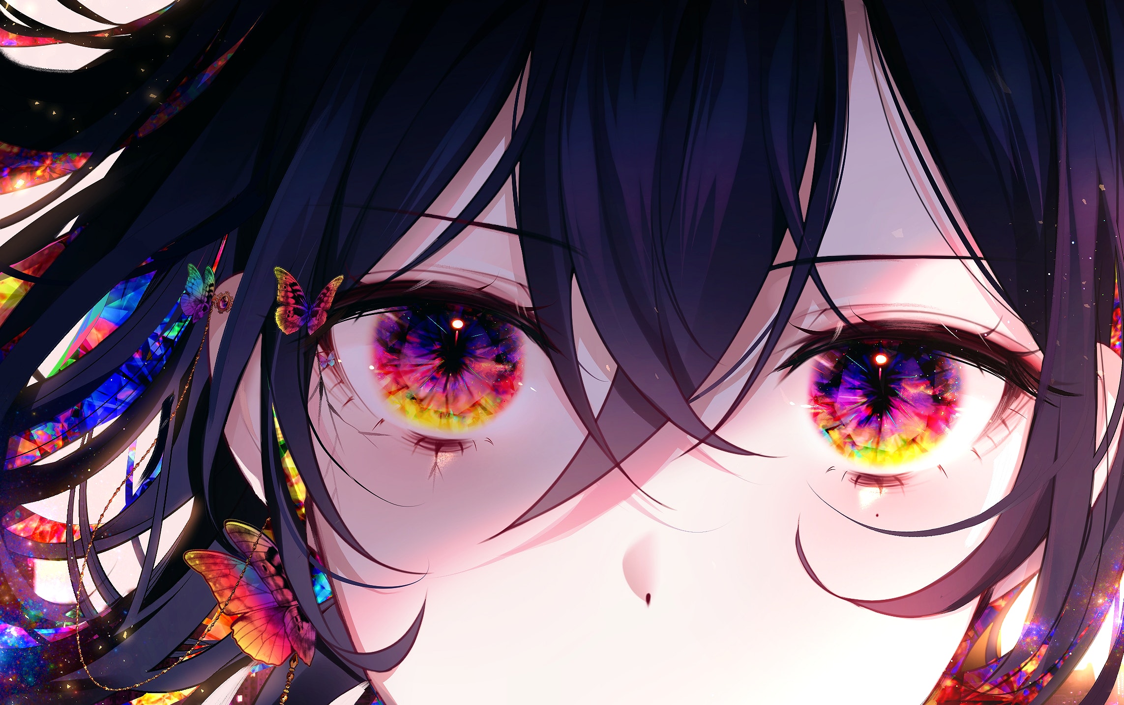 Anime 2286x1435 digital art illustration artwork eyes closeup anime girls colorful butterfly black hair anime multi-colored eyes