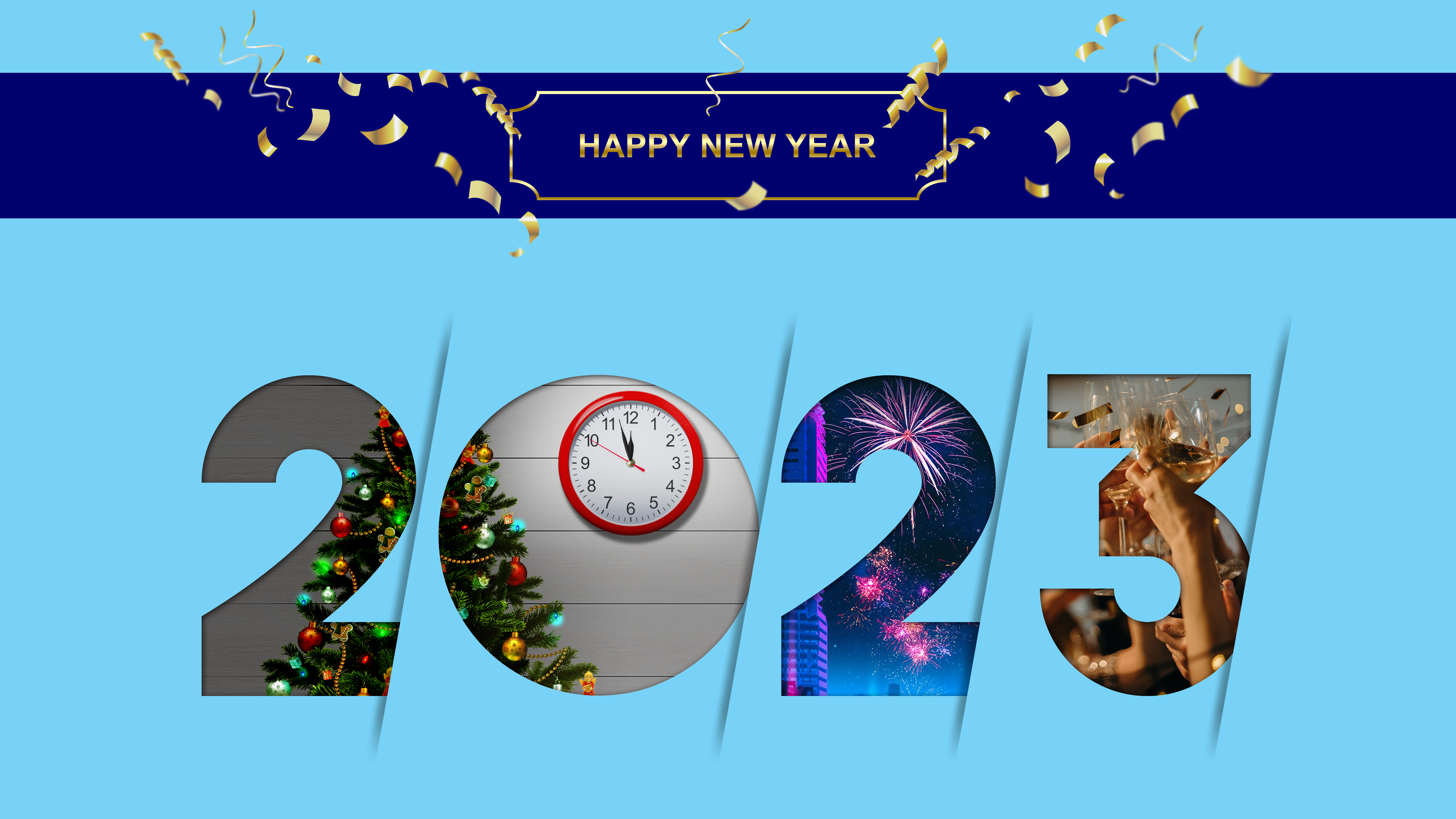 General 4000x2250 New Year 2023 (year) clocks simple background digital art numbers fireworks Christmas