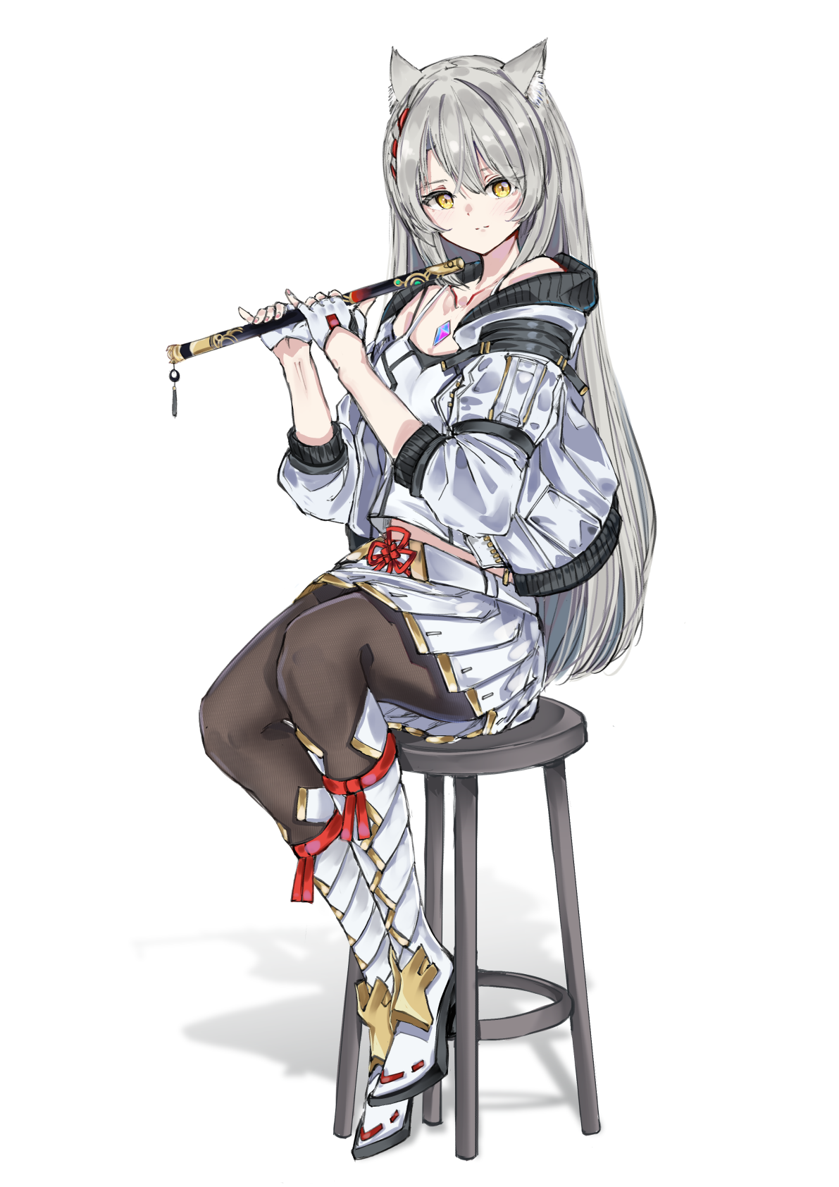 Anime 1191x1684 Xenoblade Chronicles 3 Mio (Xenoblade 3) cat girl anime games video games video game girls Pixiv musical instrument white background simple background pantyhose yellow eyes animal ears looking at viewer chair long hair