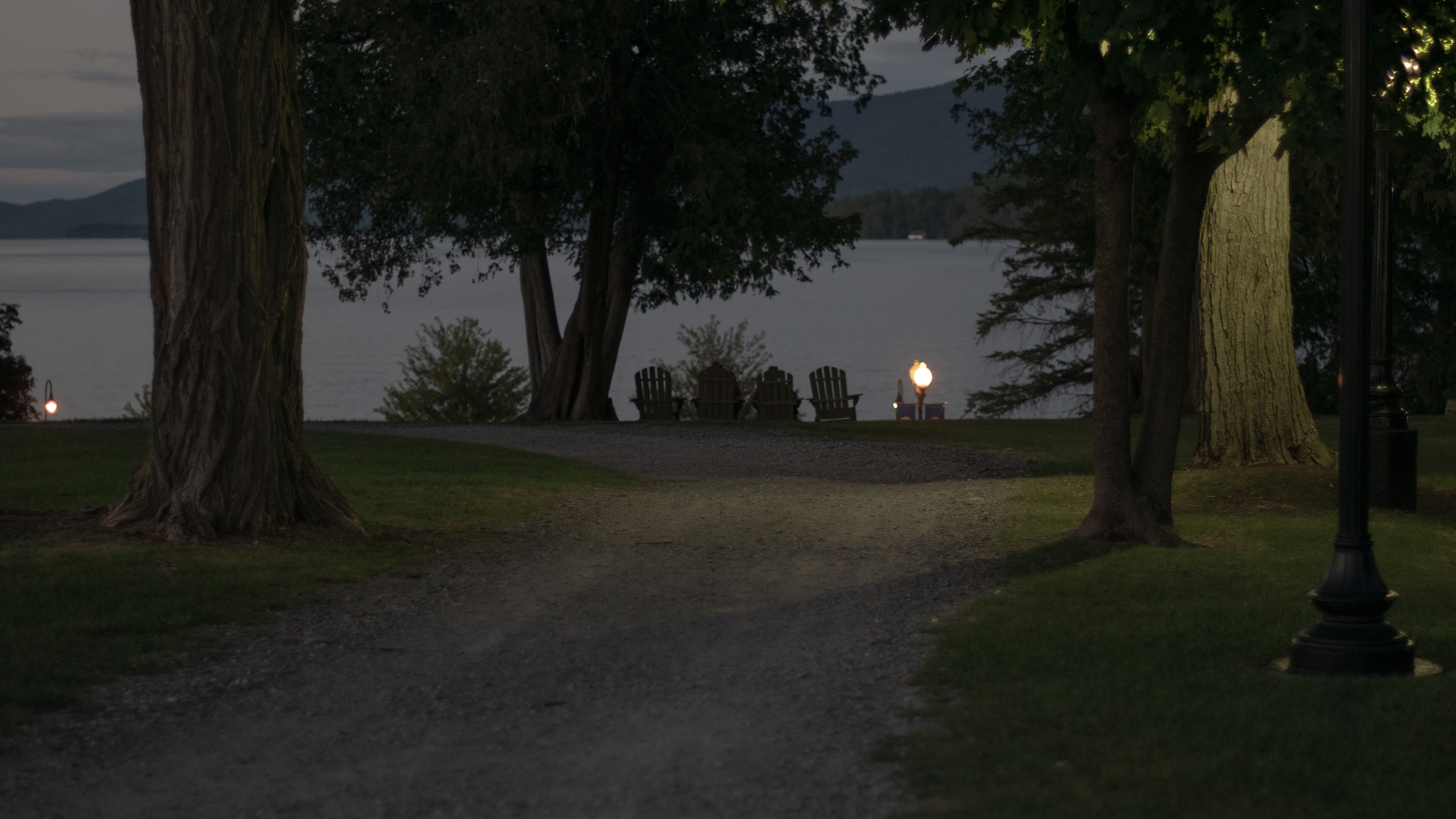 General 3840x2160 chair night path lamp trees lake relaxing