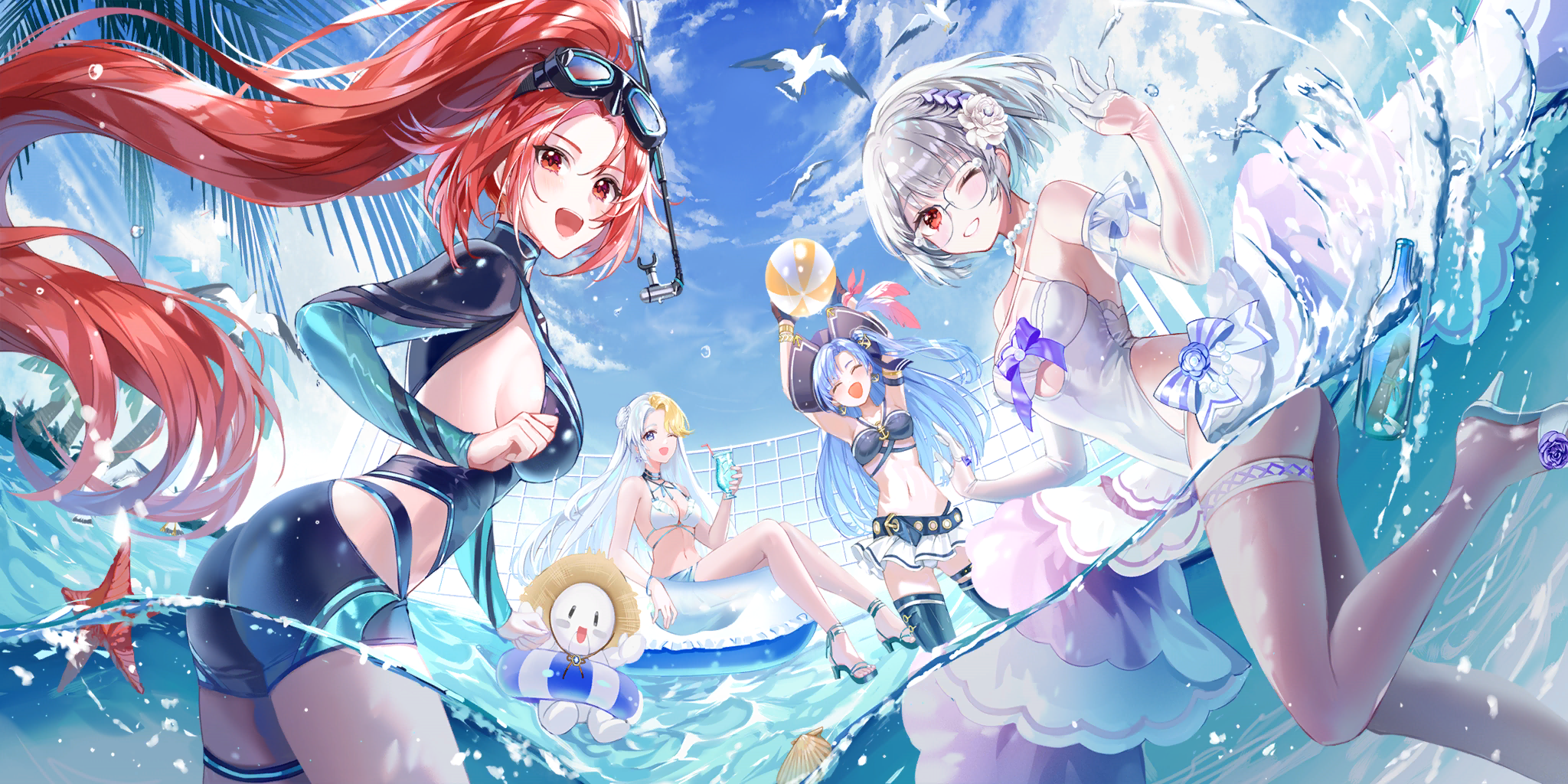Anime 2048x1024 Figure Fantasy swimwear blue hair bikini glasses pirate hat anime girls ass in water water one-piece swimsuit beach ball floater goggles swimming goggles standing in water wink looking at viewer sky clouds palm trees