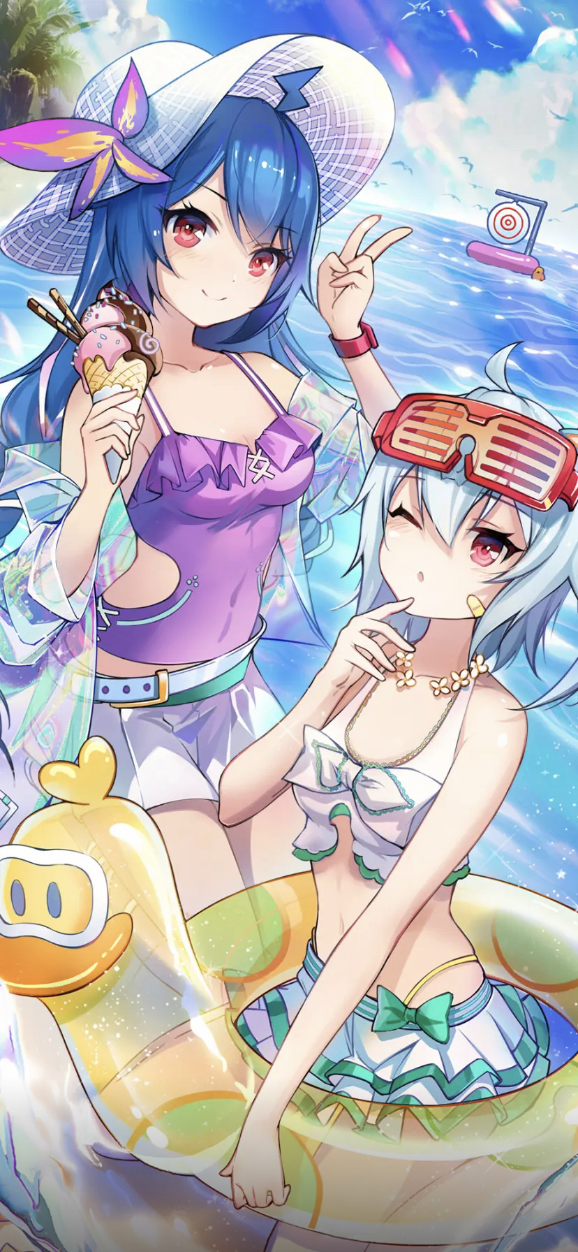 Anime 828x1792 bilibili Bilibili Douga digital art anime girls goggles hat floater water swimwear ice cream peace sign
