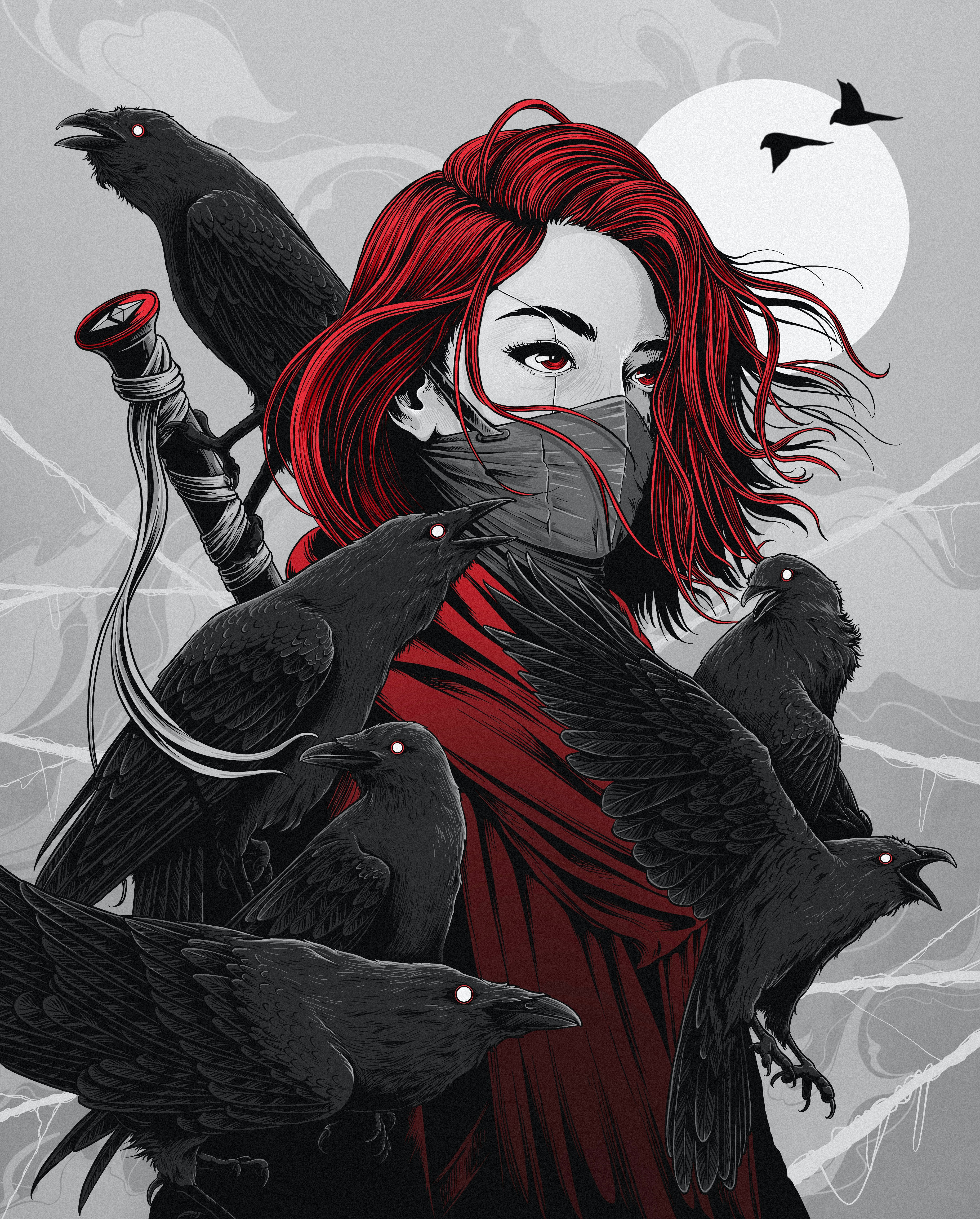 General 3700x4600 digital art artwork illustration drawing portrait red women raven abstract birds mask