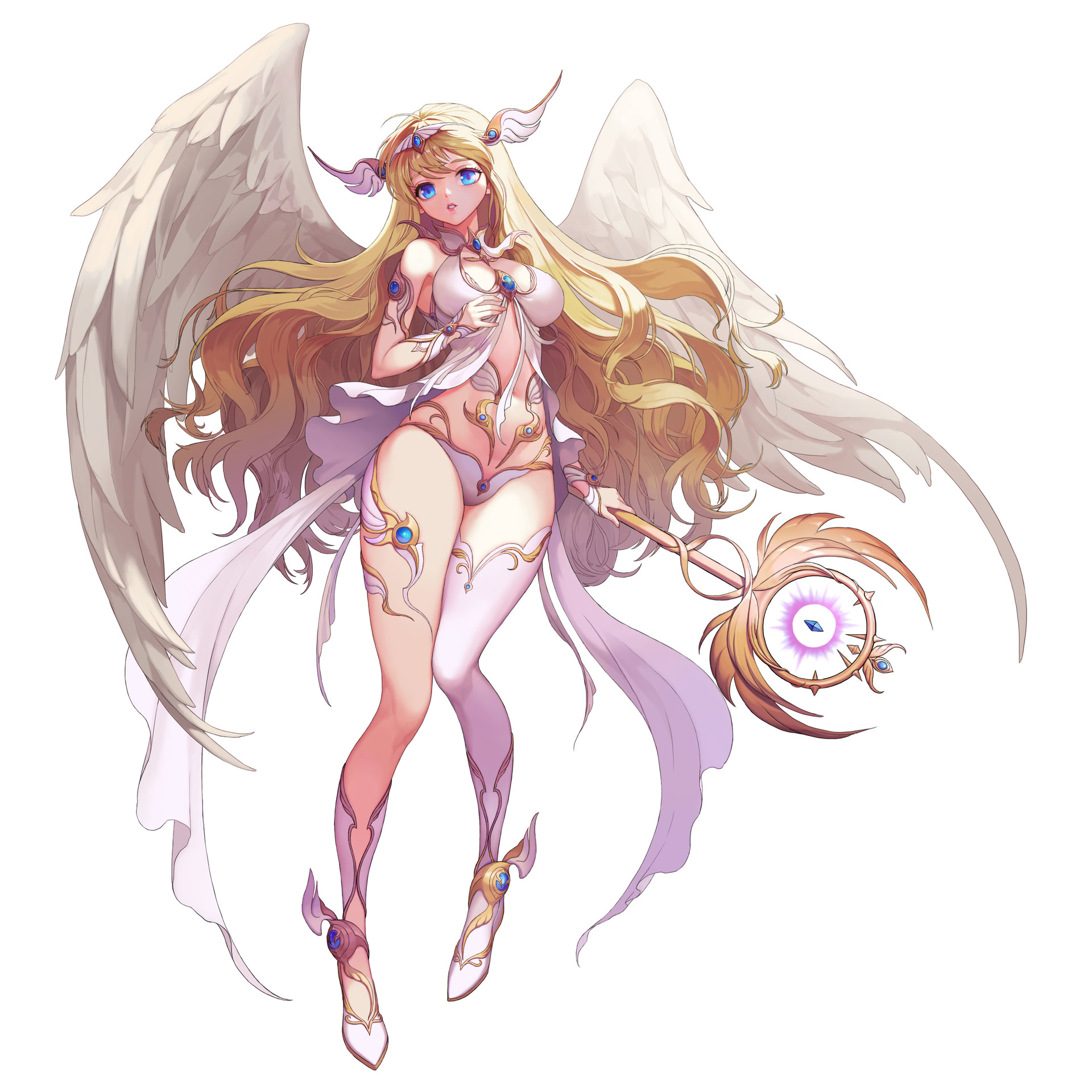 Anime 1920x1920 Minsook An drawing women blonde hair accessories skimpy clothes white clothing staff flying wings feathers simple background white background blue eyes