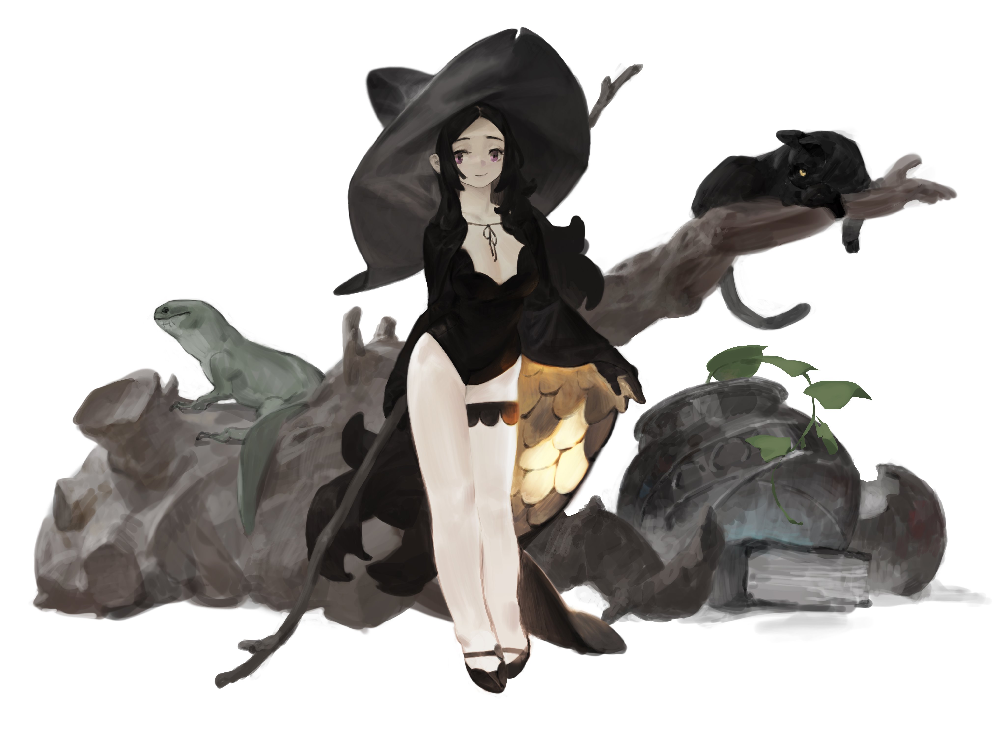 Anime 4096x2988 drawing women simple background witch hat wizard