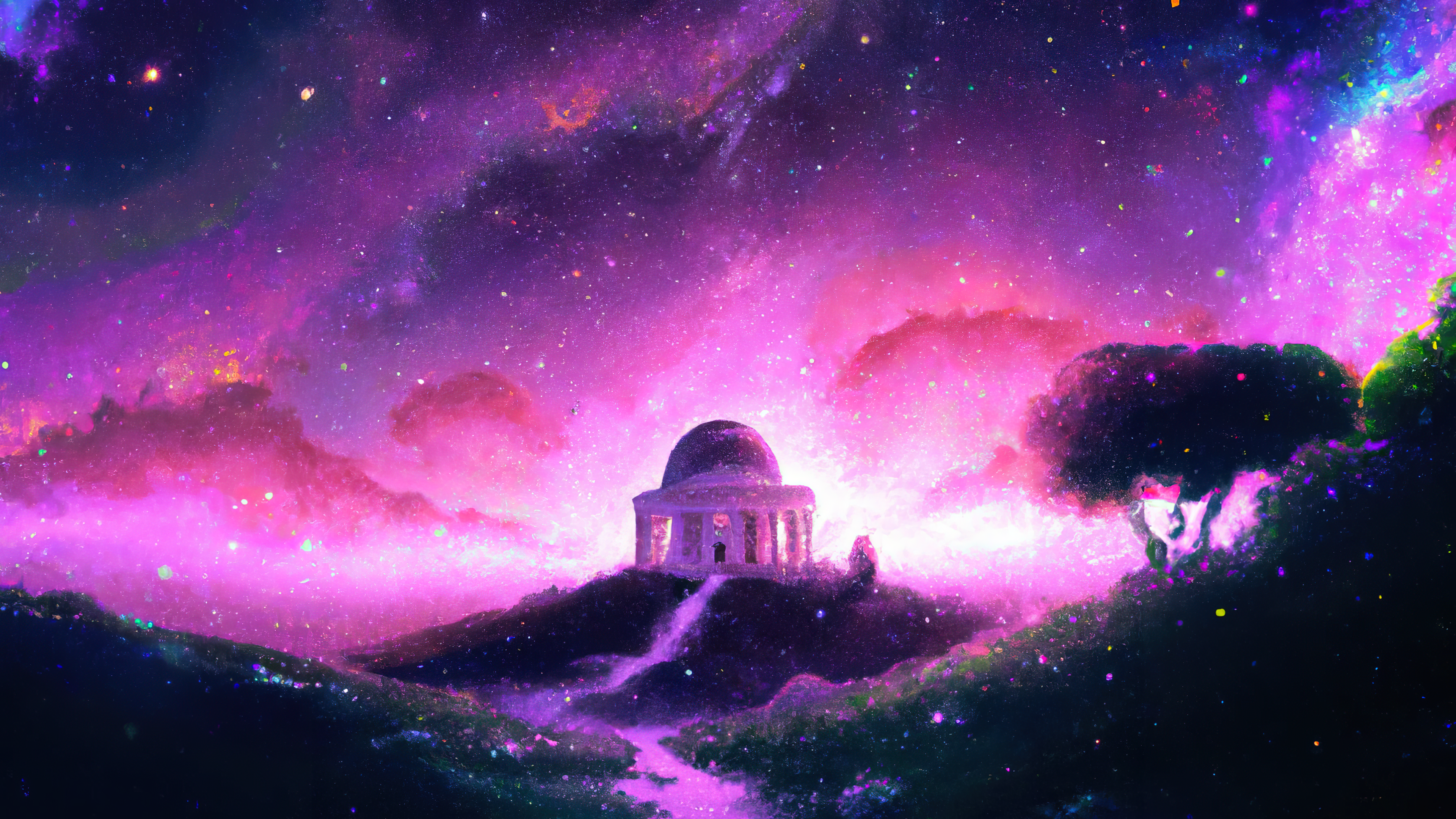General 3840x2160 AI art painting space art stars night sky pavilion hills starry night nebula temple space