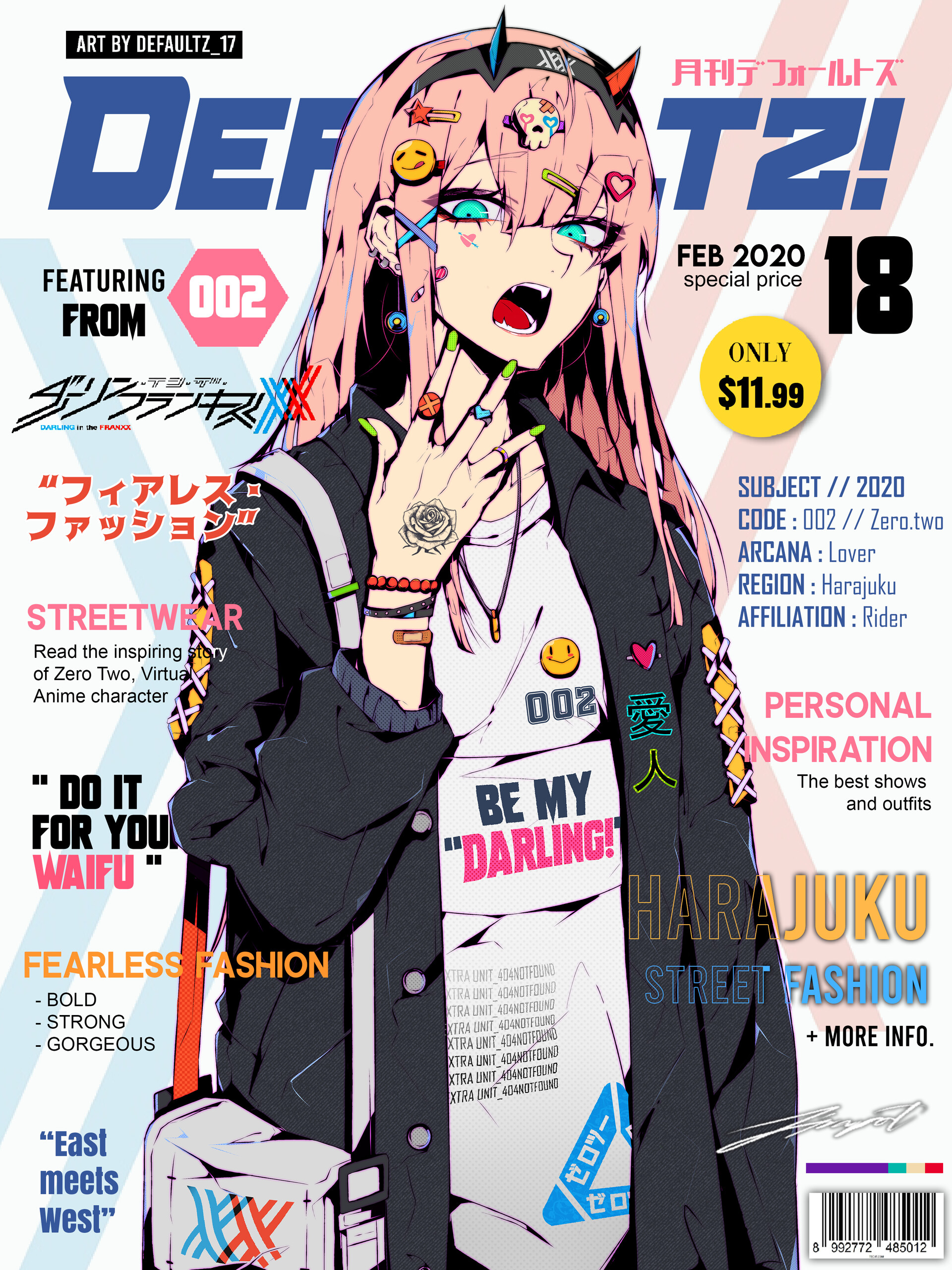 Anime 1920x2560 tattoo magazine magazine cover Zero Two (Darling in the FranXX) anime girls Japanese pink hair blue eyes headsets