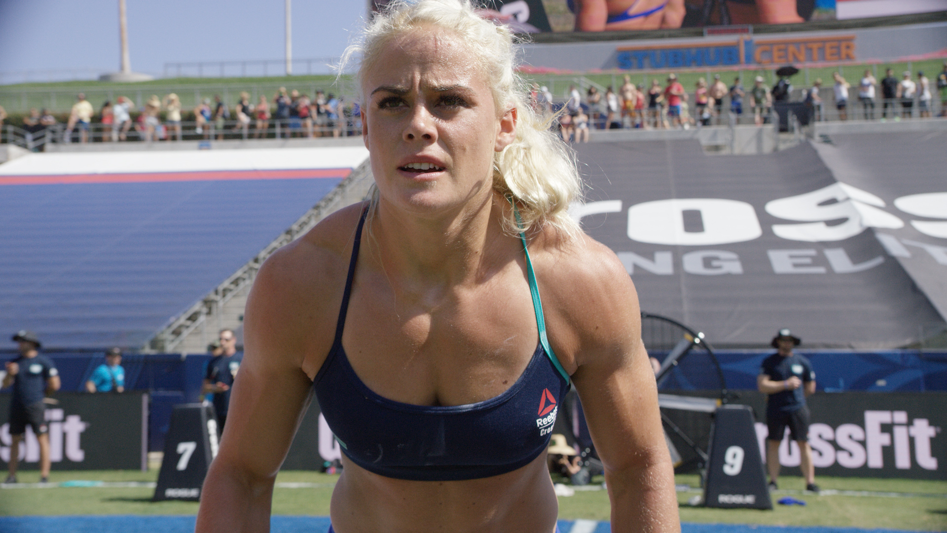 People 1920x1080 Sara Sigmundsdottir CrossFit athletes blonde icelandic fit body weightlifting blue tops women