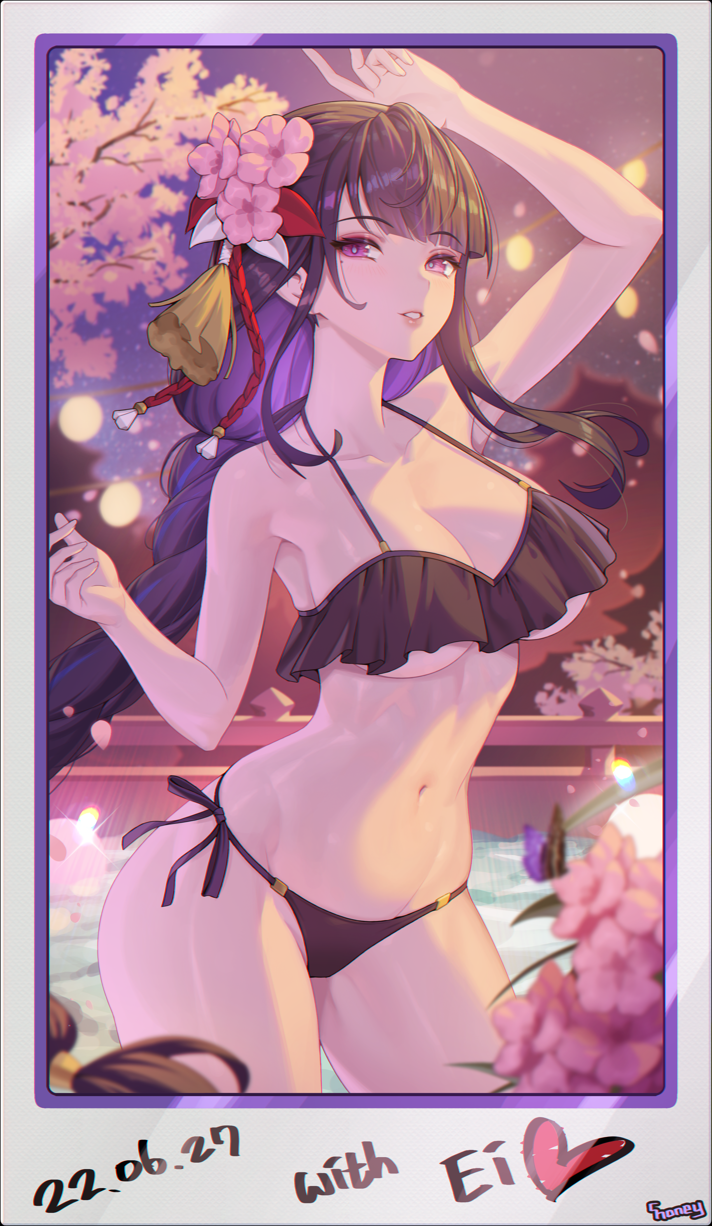 Anime 2441x4200 Choney anime anime girls swimwear bikini big boobs Raiden Shogun (Genshin Impact) Genshin Impact purple eyes flower in hair